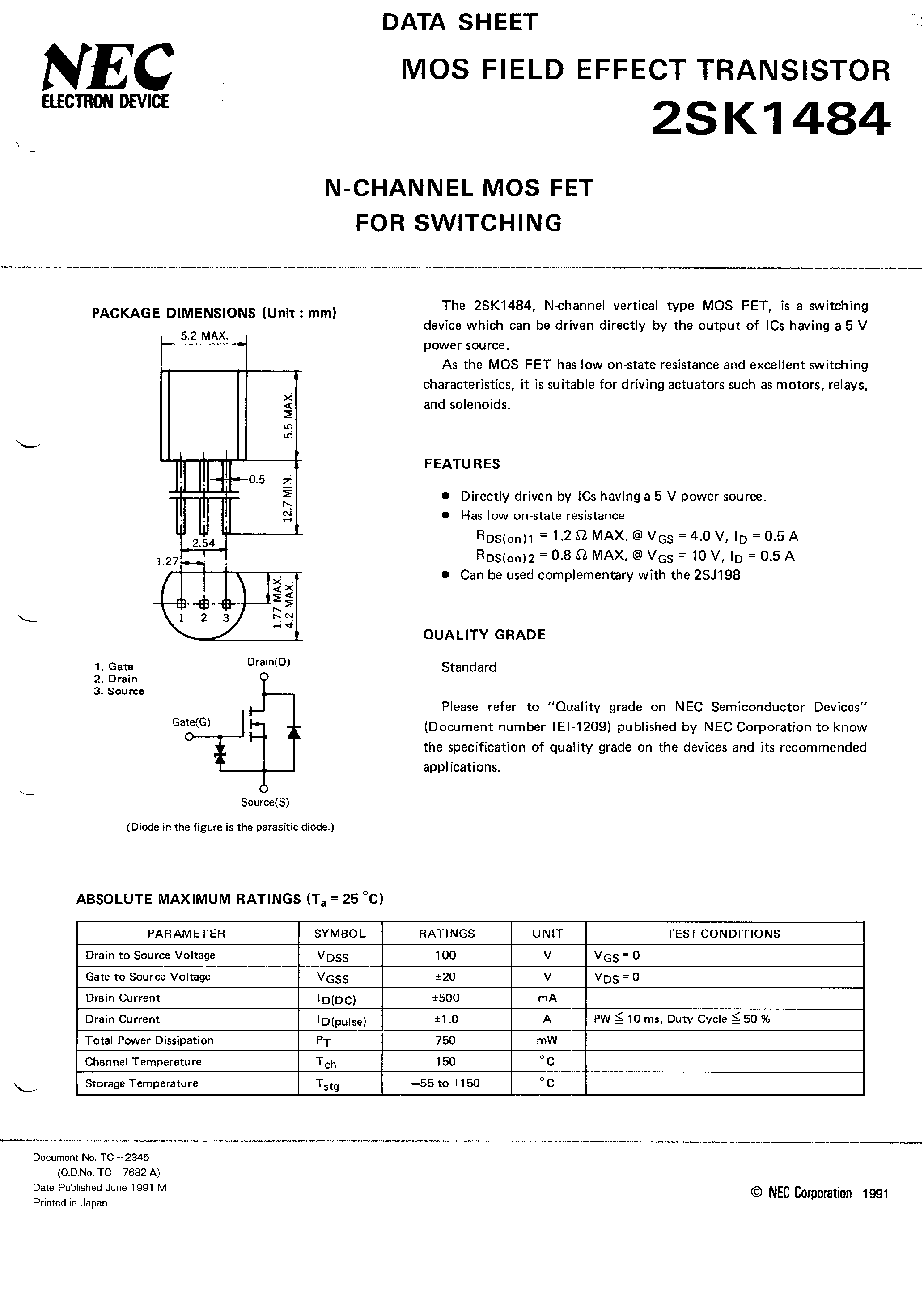 Datasheet 2SK1484 - N-CHANNEL MOS FET FOR SWITCHING page 1