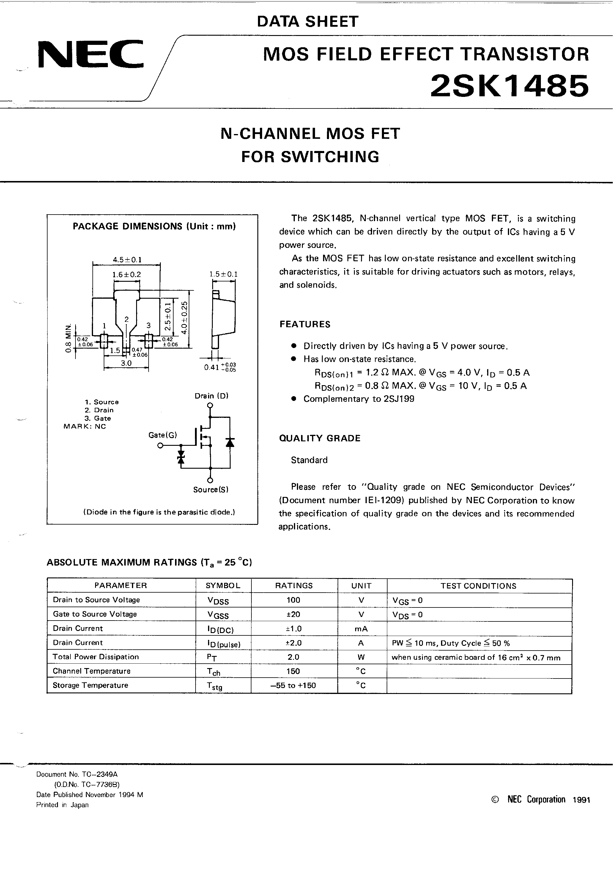 Datasheet 2SK1485 - N-CHANNEL MOS FET FOR SWITCHING page 1