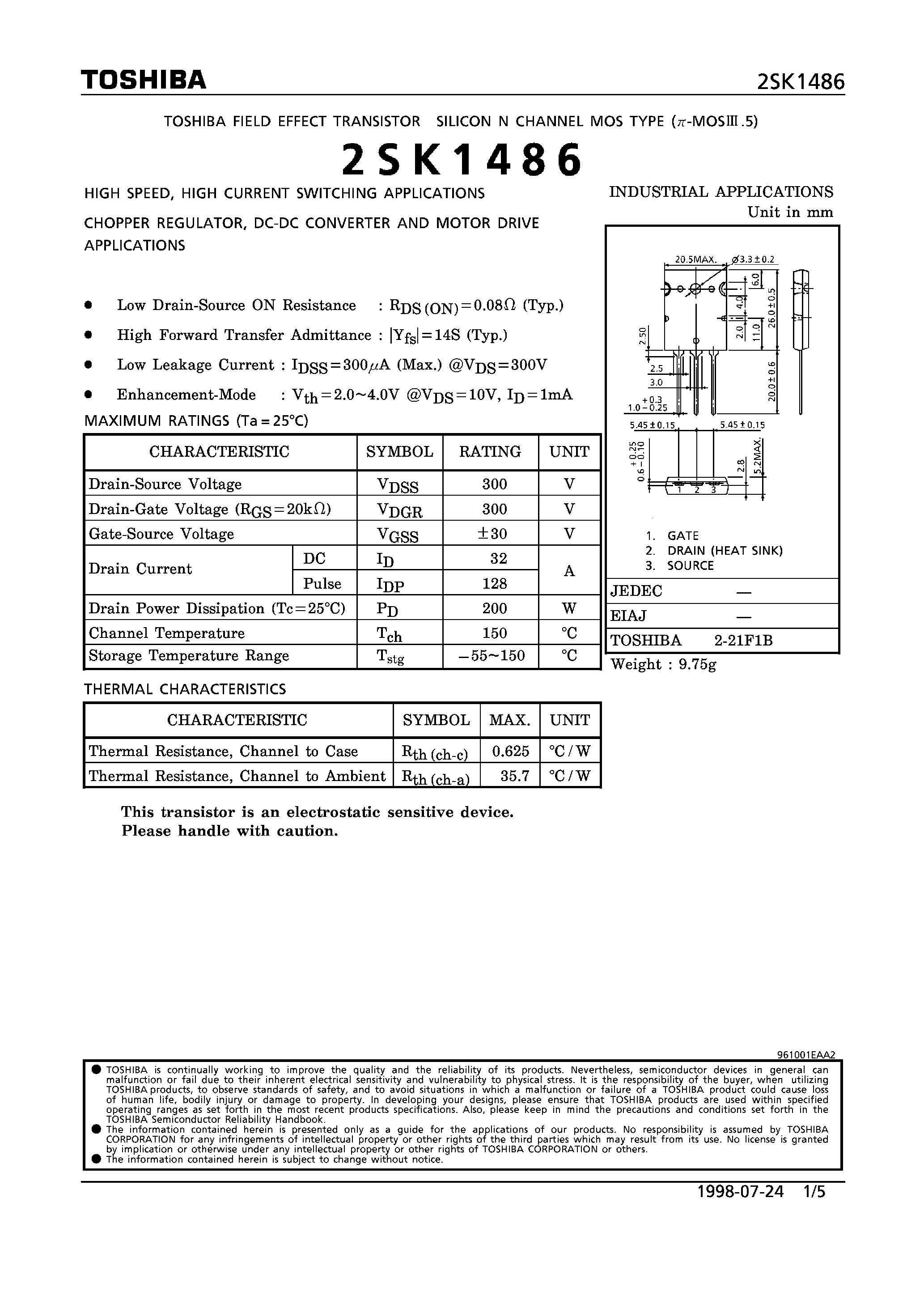 Datasheet 2SK1486 - N CHANNEL MOS TYPE (HIGH SPEED/ HIGH CURRENT SWITCHING/ CHOPPER REGULATOR/ DC-DC CONVERTER AND MOTOR DRIVE APPLICATIONS) page 1