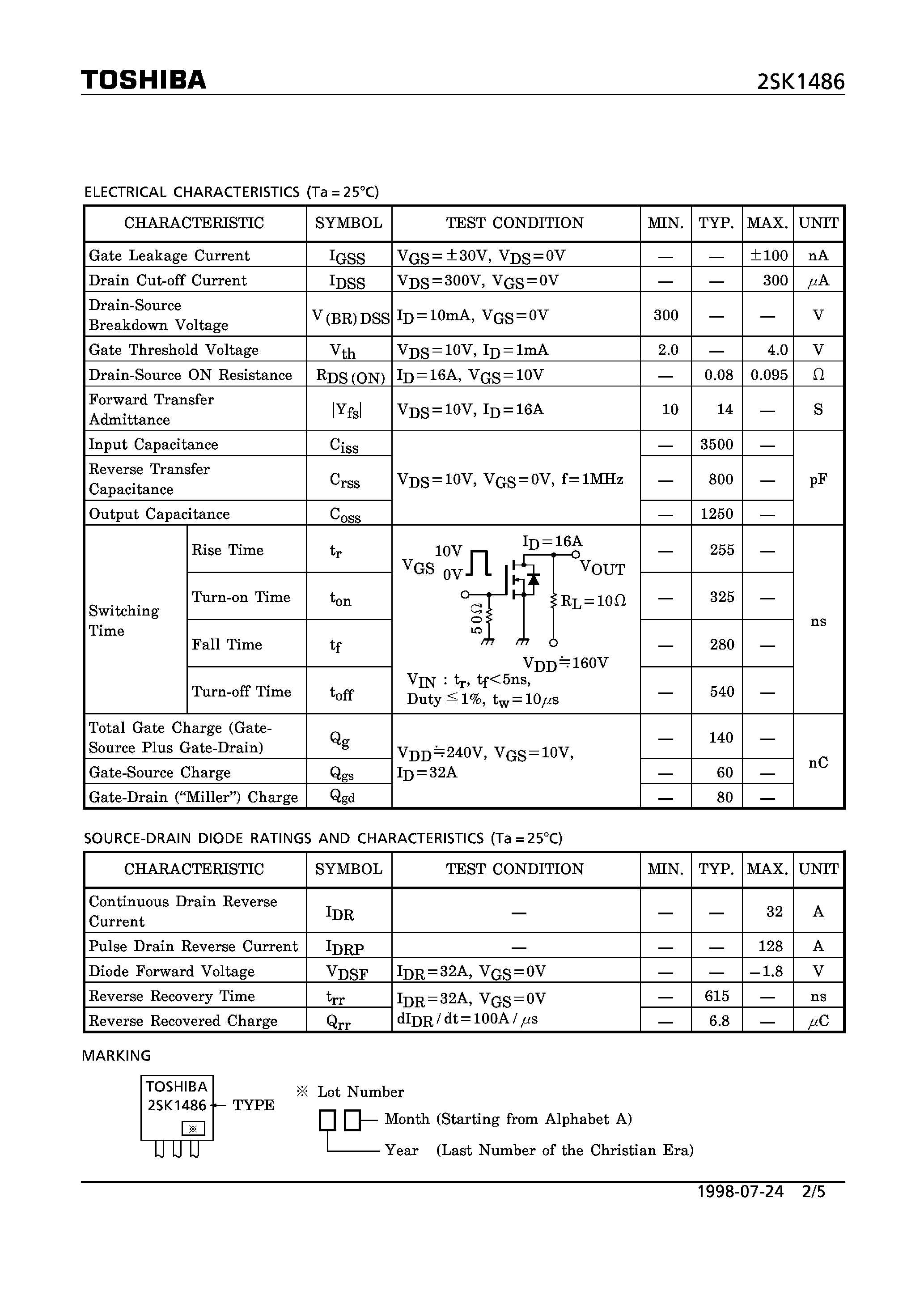 Datasheet 2SK1486 - N CHANNEL MOS TYPE (HIGH SPEED/ HIGH CURRENT SWITCHING/ CHOPPER REGULATOR/ DC-DC CONVERTER AND MOTOR DRIVE APPLICATIONS) page 2