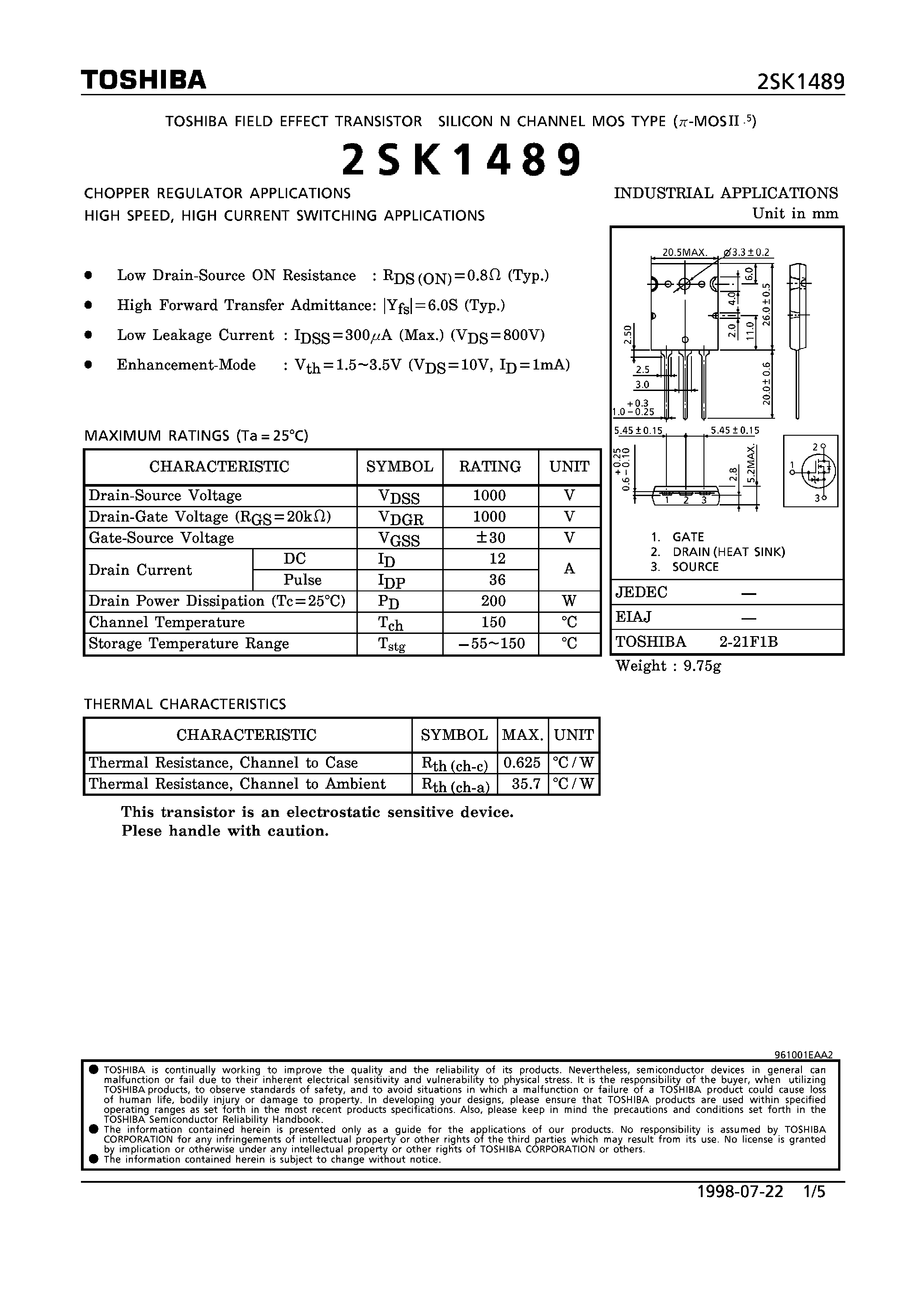 Datasheet 2SK1489 - N CHANNEL MOS TYPE (CHOPPER REGULATOR/ HIGH SPEED/ HIGH CURRENT SWITCHING APPLICATIONS) page 1