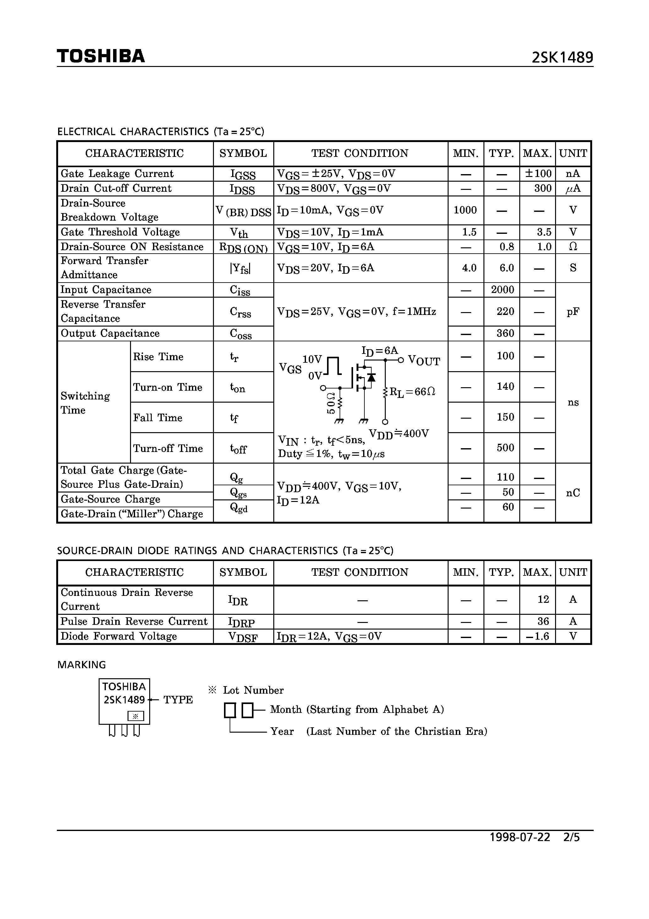 Datasheet 2SK1489 - N CHANNEL MOS TYPE (CHOPPER REGULATOR/ HIGH SPEED/ HIGH CURRENT SWITCHING APPLICATIONS) page 2