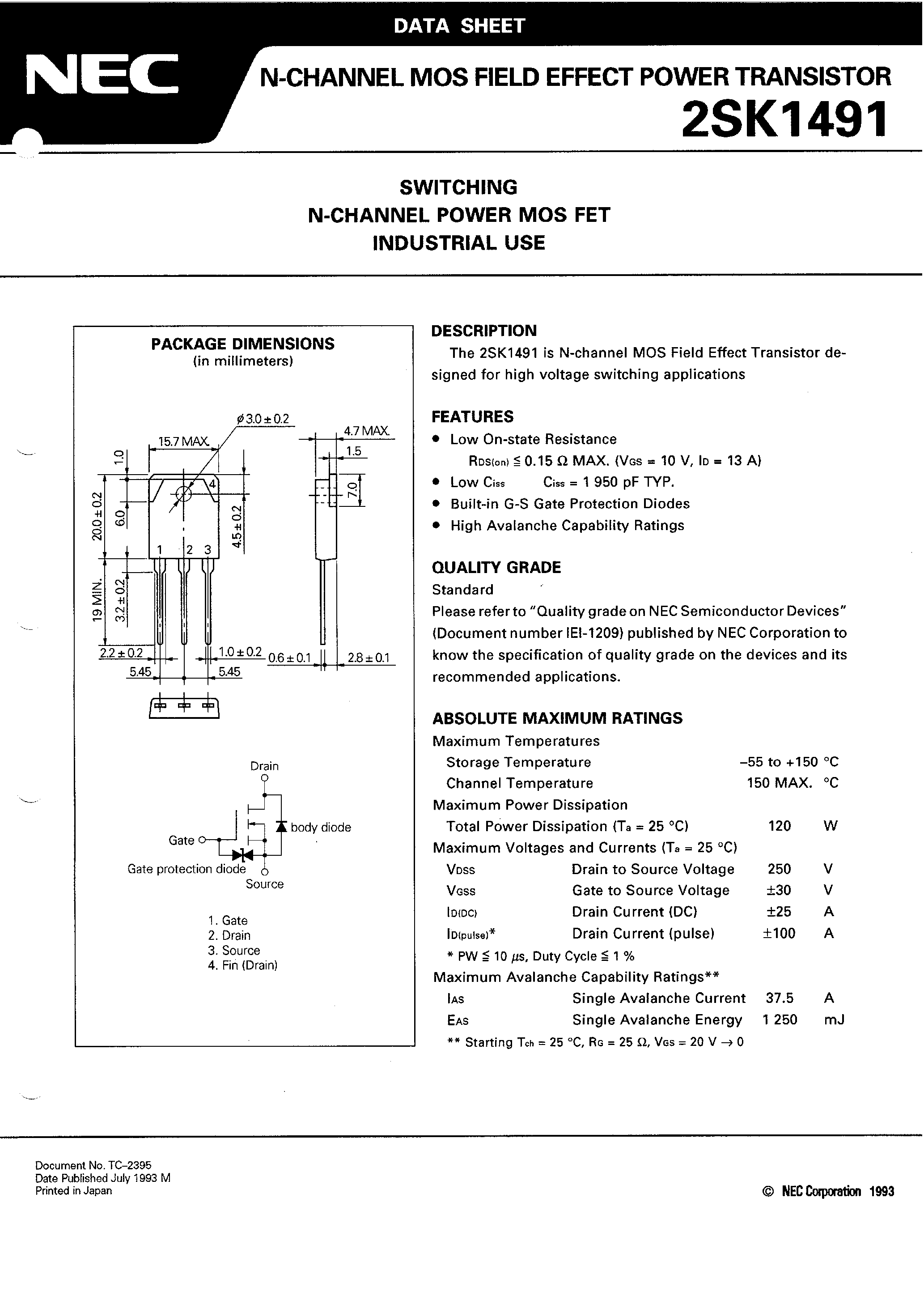 Datasheet 2SK1491 - SWITCHING N-CHANNEL POWER MOS FET INDUSTRIAL USE page 1