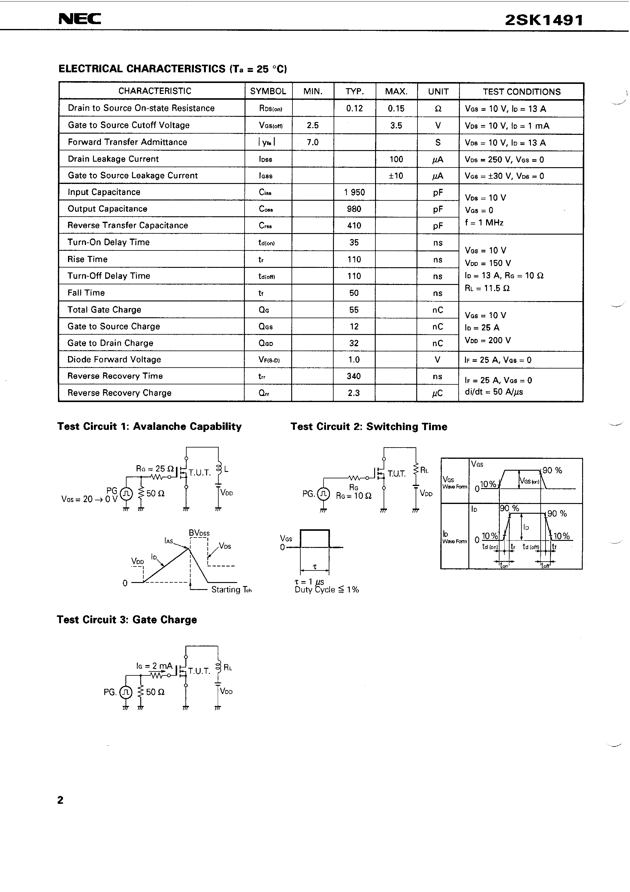 Datasheet 2SK1491 - SWITCHING N-CHANNEL POWER MOS FET INDUSTRIAL USE page 2