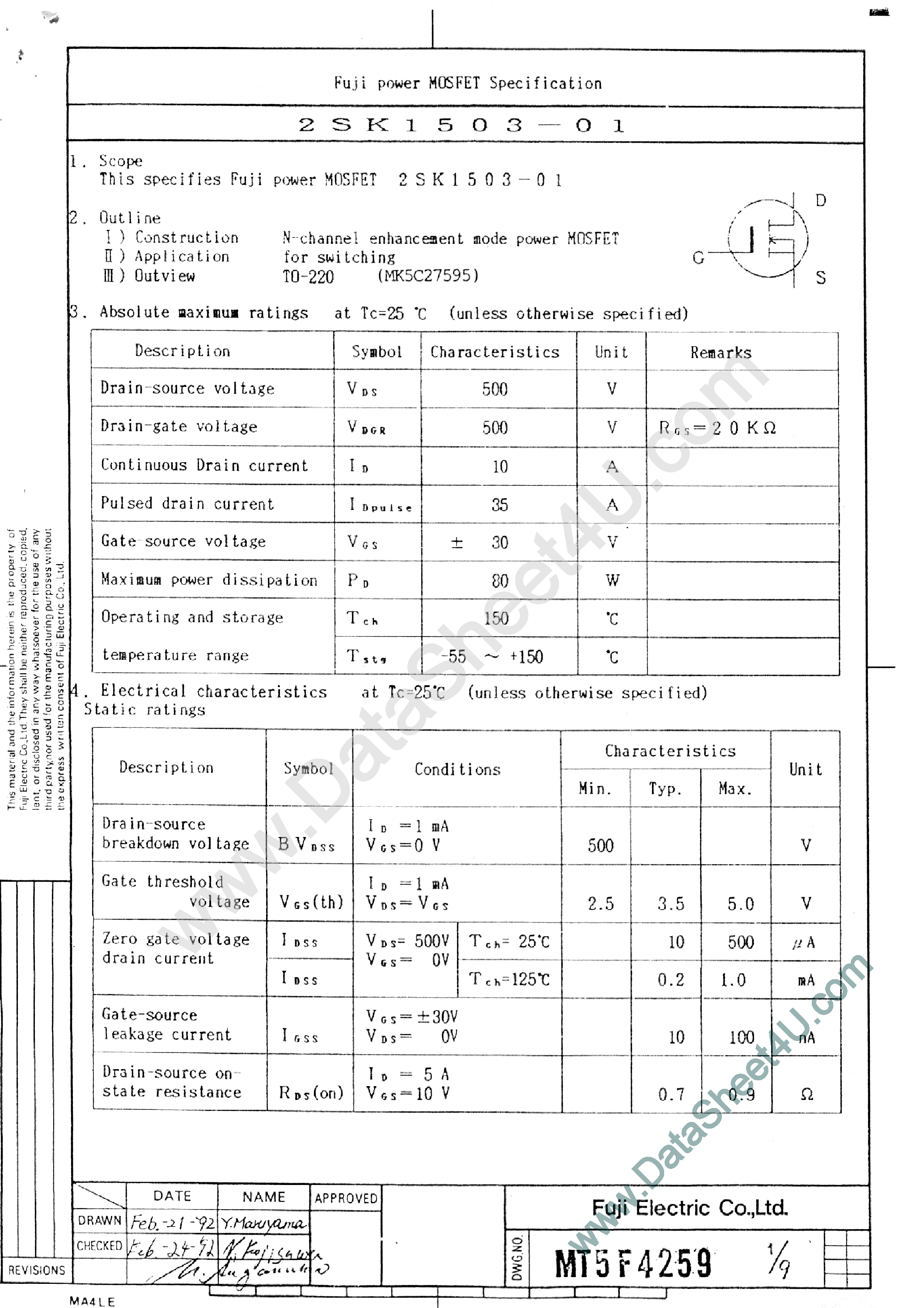 Datasheet 2SK1503-01 - Fuji power MOSFET Specification page 1