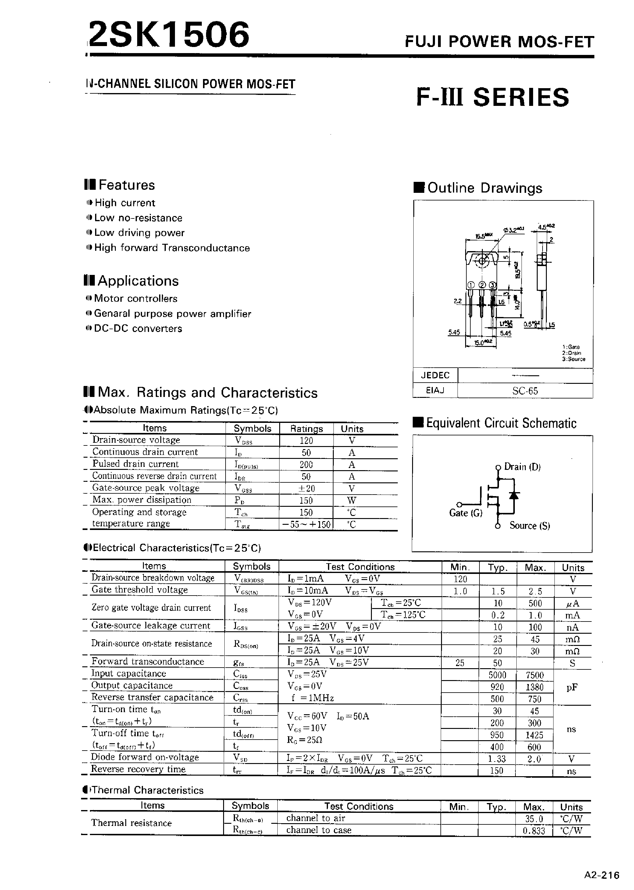 Datasheet 2SK1506 - N-CHANNEL SILICON POWER MOSFET page 1