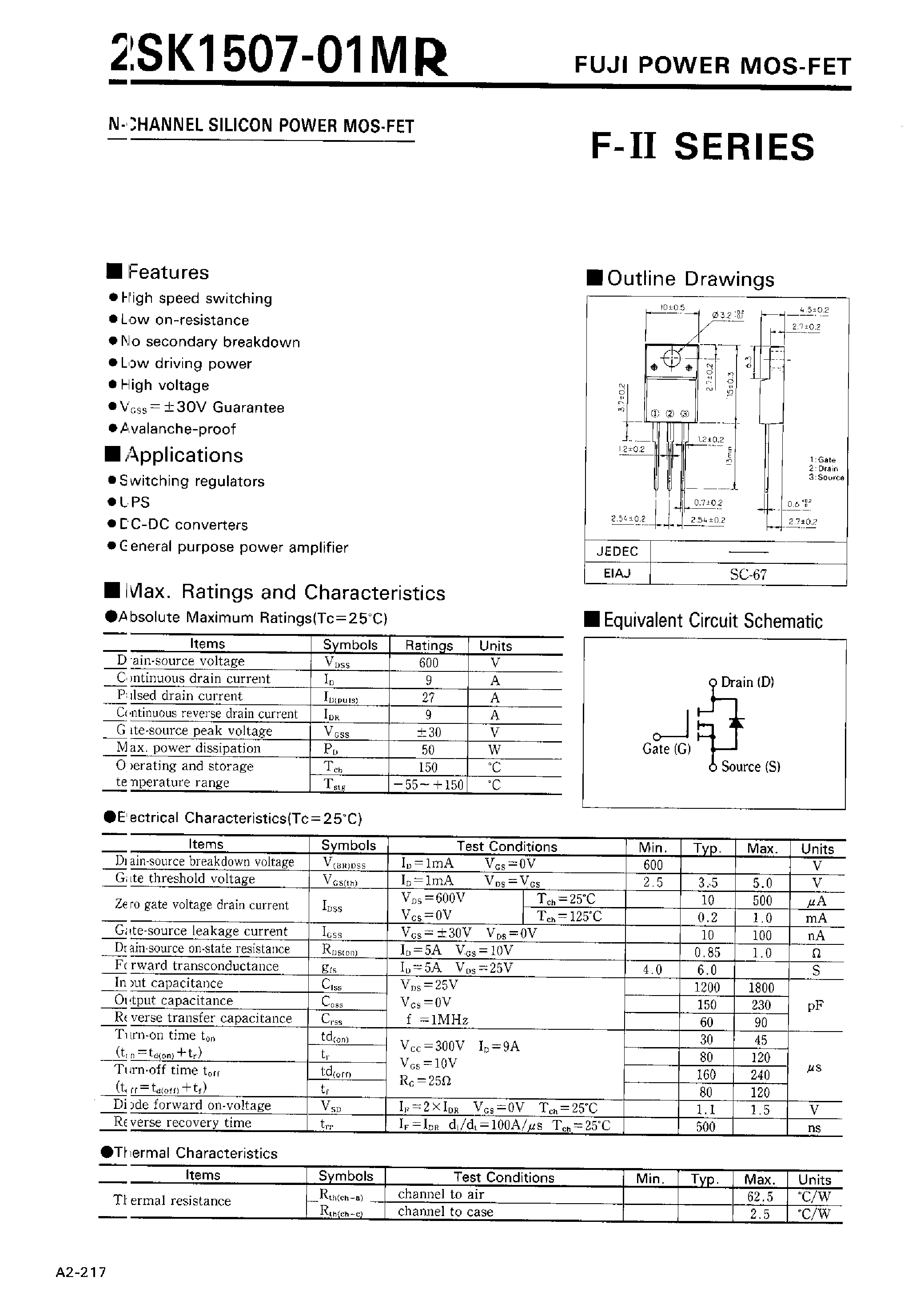 Datasheet 2SK1507 - N-Channel Silicon Power Mos-fet(F-II Series) page 1