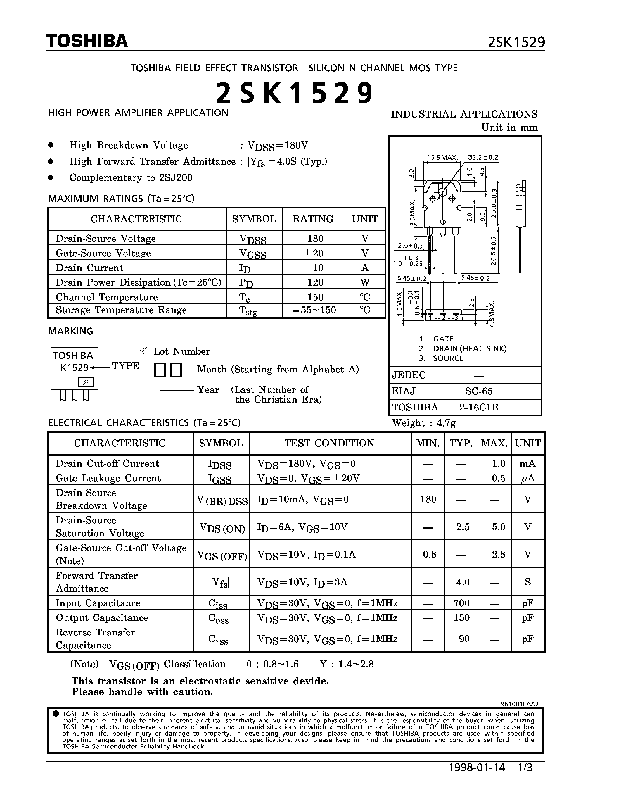 Datasheet 2SK1529 - N CHANNEL MOS TYPE (HIGH POWER AMPLIFIER APPLICATIONS) page 1