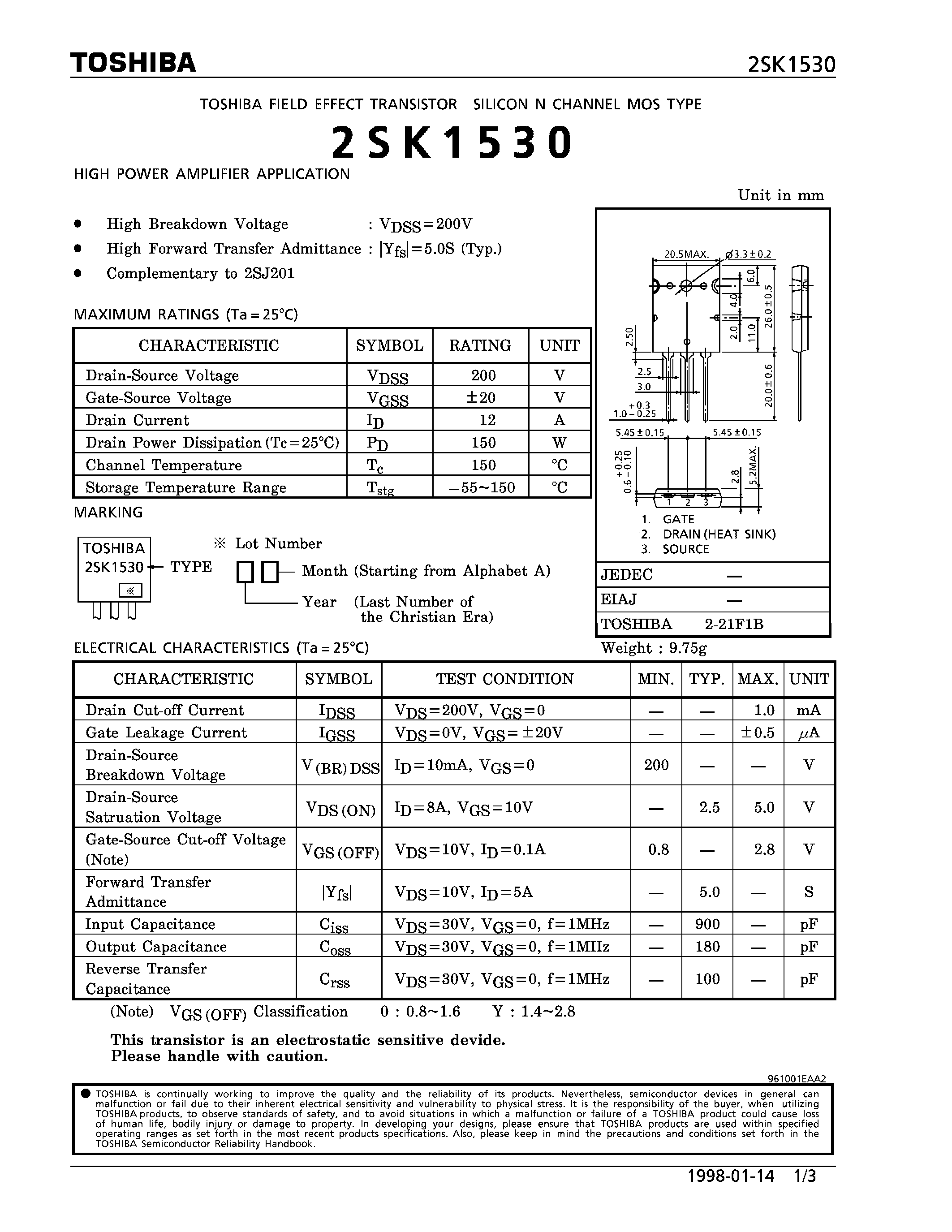 Datasheet 2SK1530 - N CHANNEL MOS TYPE (HIGH POWER AMPLIFIER APPLICATION) page 1