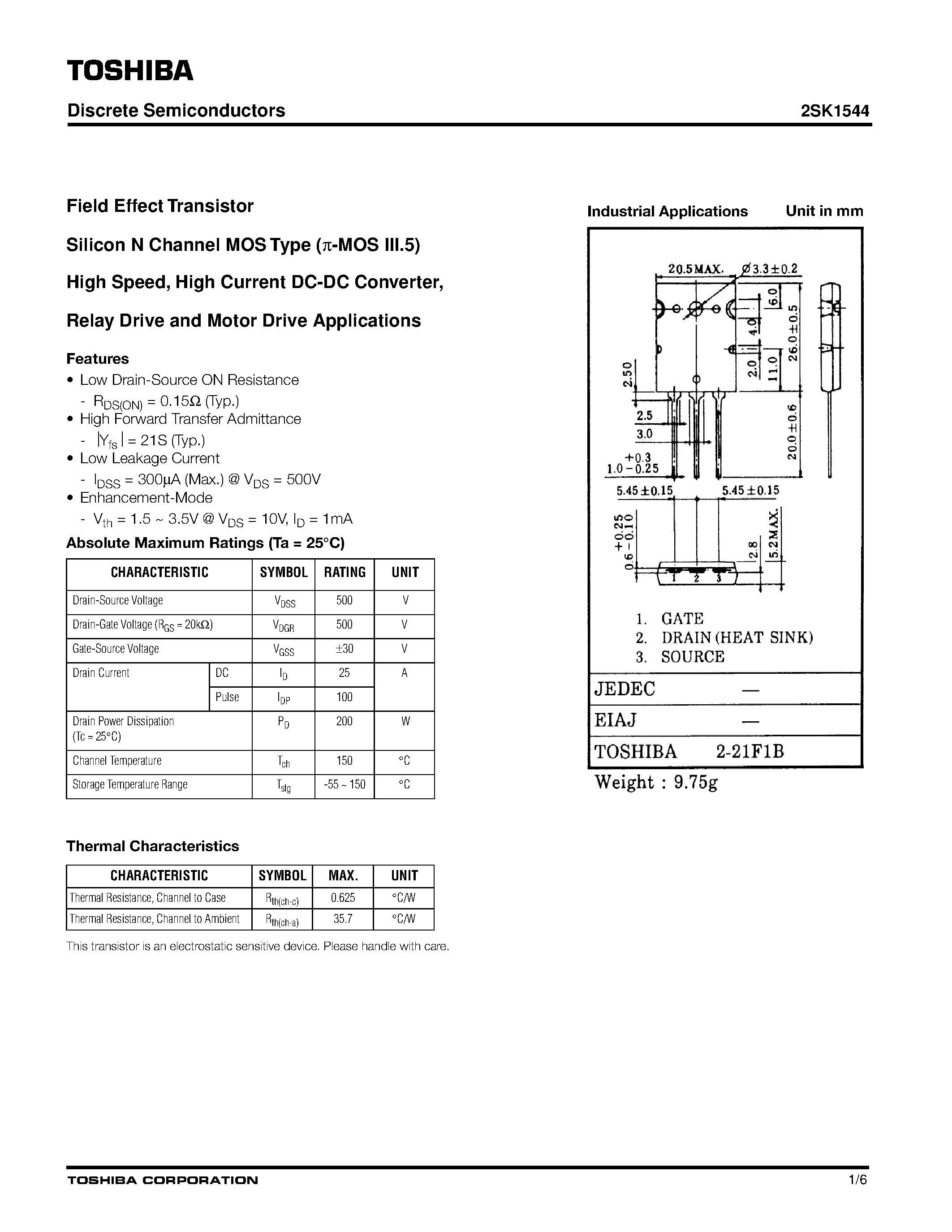 Datasheet 2SK1544 - N Channel MOS Type (pie -MOS III.5) High Speed/ High Current DC-DC Converter/ Relay Drive and Motor Drive Applications page 1