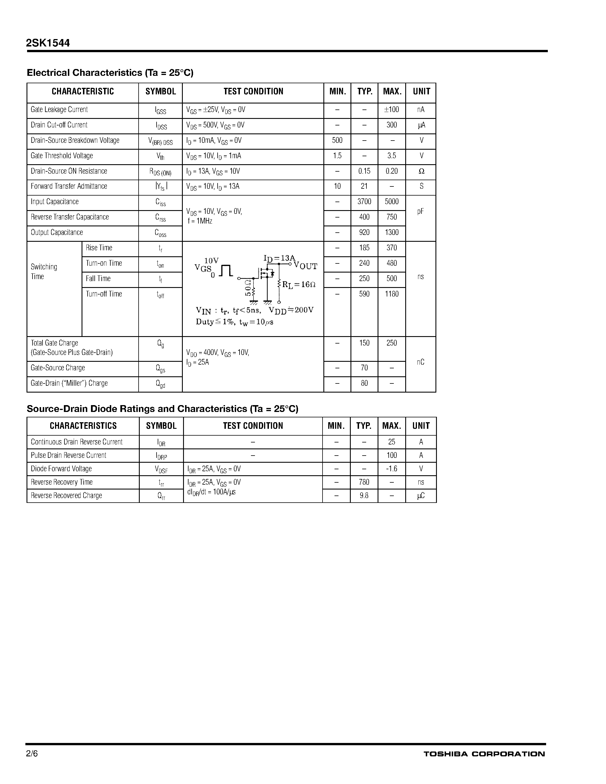 Datasheet 2SK1544 - N Channel MOS Type (pie -MOS III.5) High Speed/ High Current DC-DC Converter/ Relay Drive and Motor Drive Applications page 2