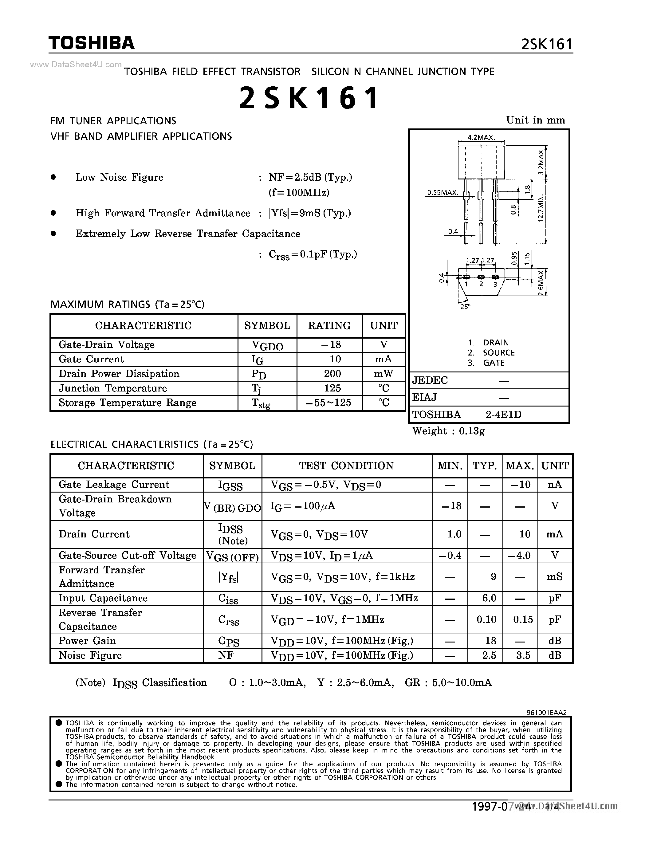 Datasheet 2SK161 - N CHANNEL JUNCTION TYPE (FM TUNER/ VHF BAND AMPLIFIER APPLICATIONS) page 1