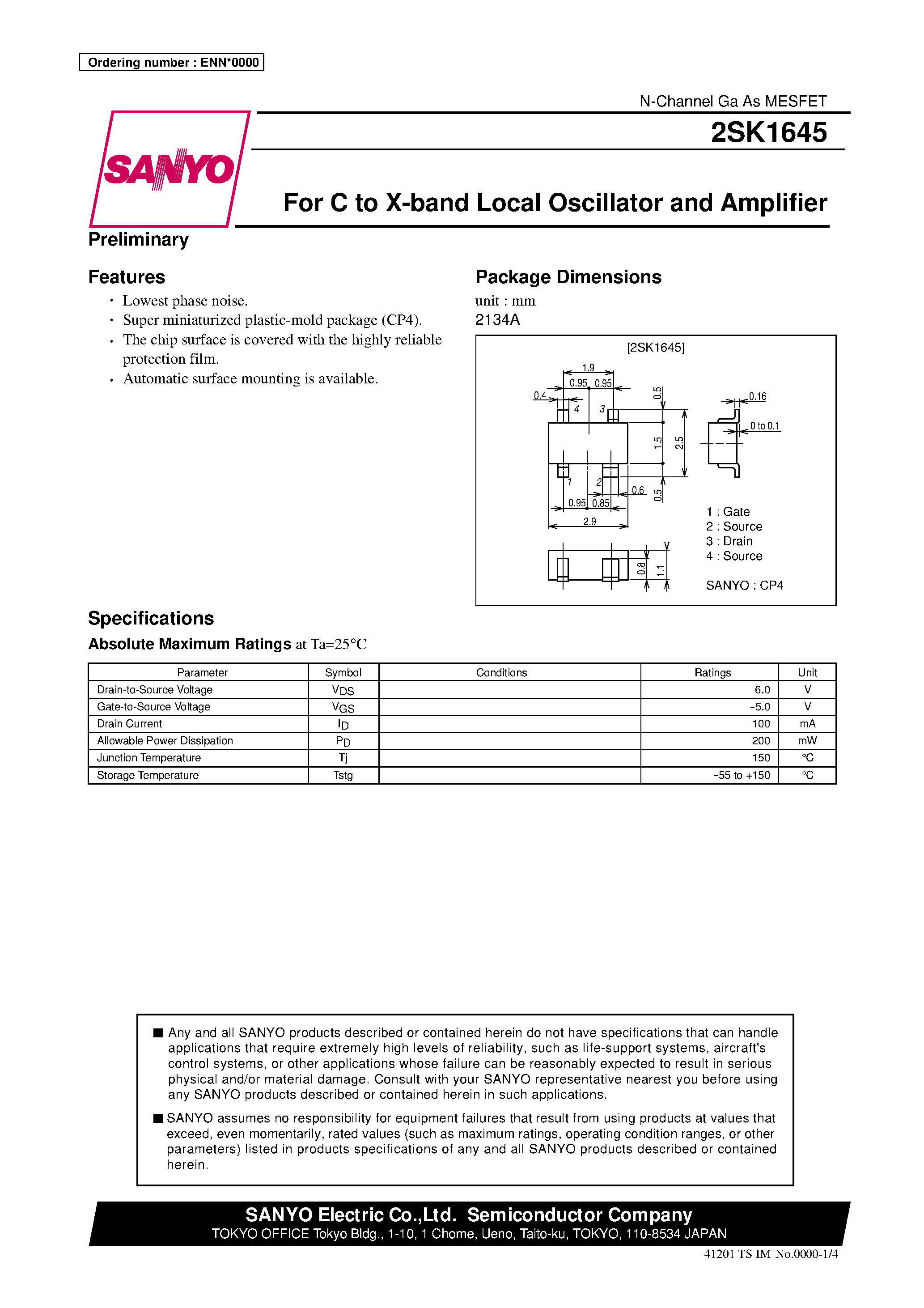 Datasheet 2SK1645 - For C to X-band Local Oscillator and Amplifier page 1