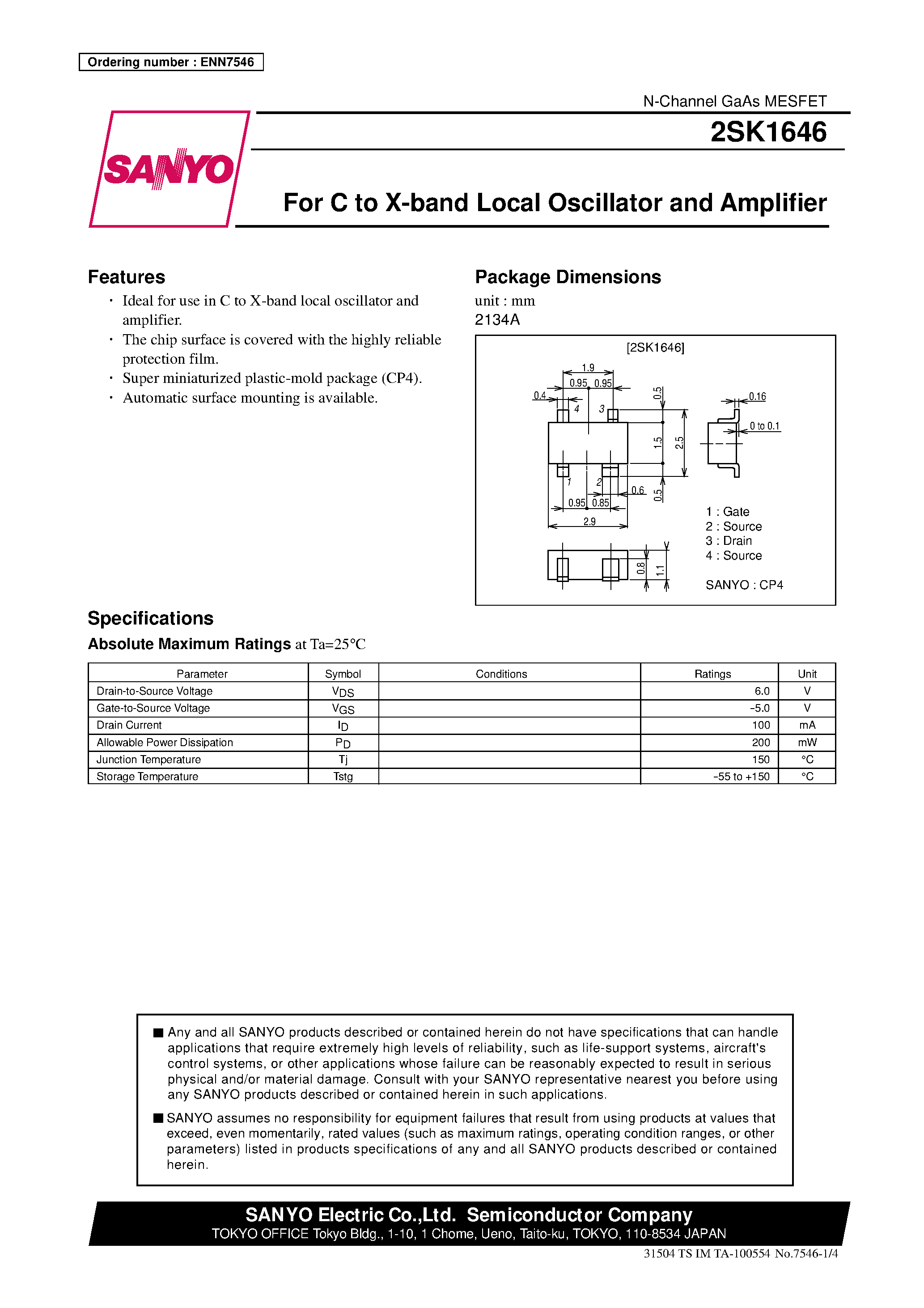 Datasheet 2SK1646 - For C to X-band Local Oscillator and Amplifier page 1