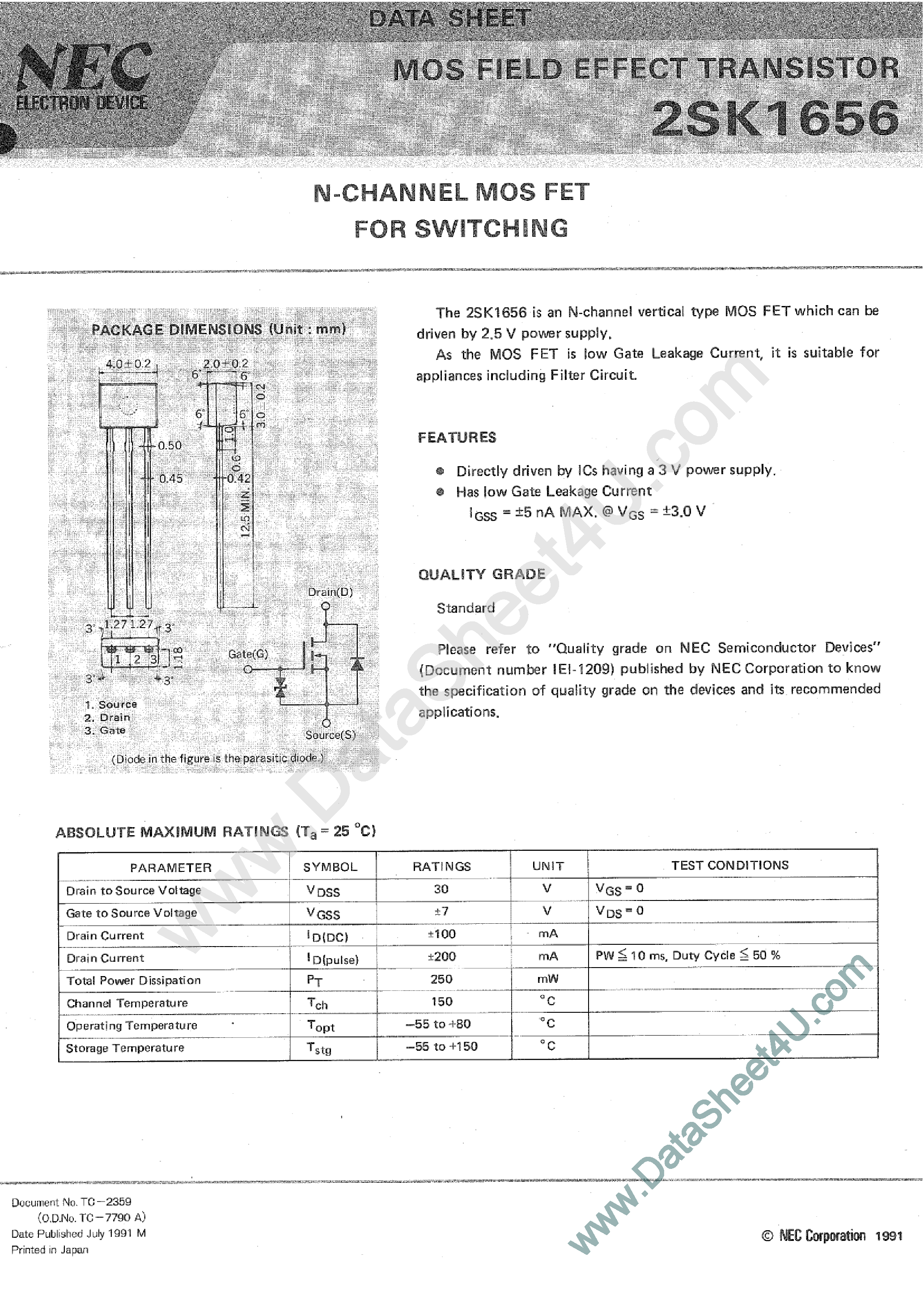 Datasheet 2SK1656 - N-CHANNEL MOS FET FOR SWITCHING page 1