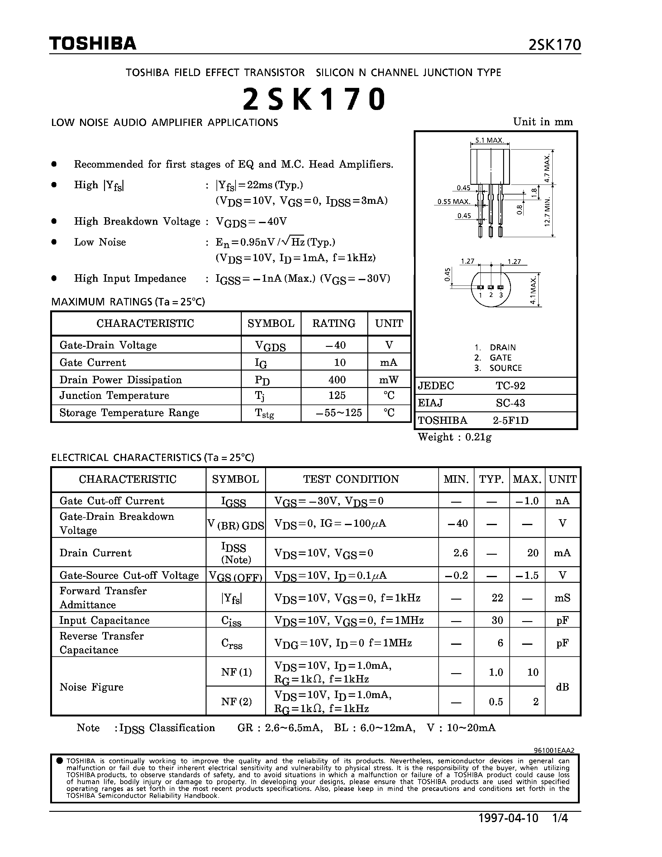 Datasheet 2SK170 - FET/ Silicon N Channel Junction Type(for Low Noise Audio Amplifier) page 1