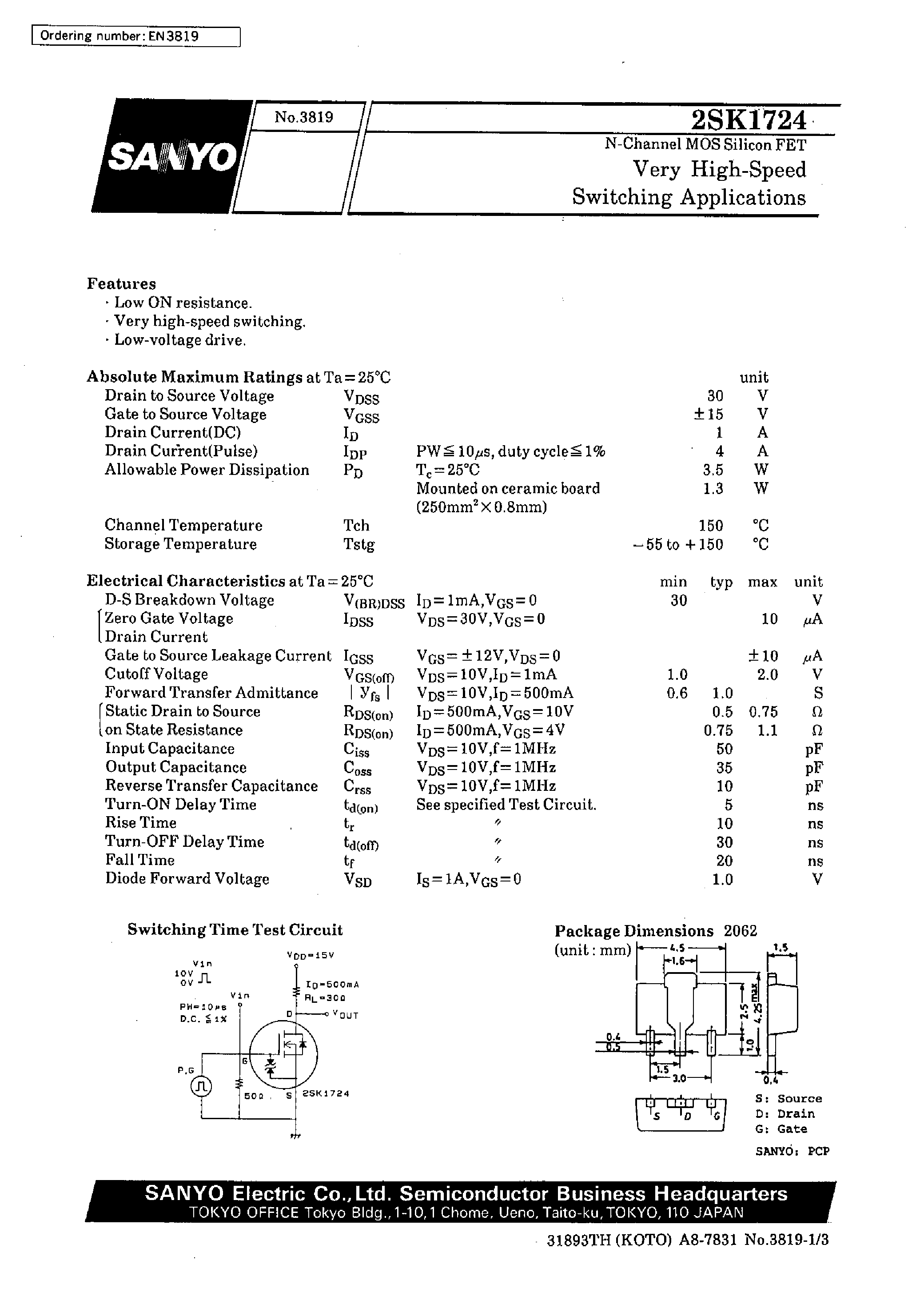 Datasheet 2SK1724 - Very High-Speed Switching Applications page 1