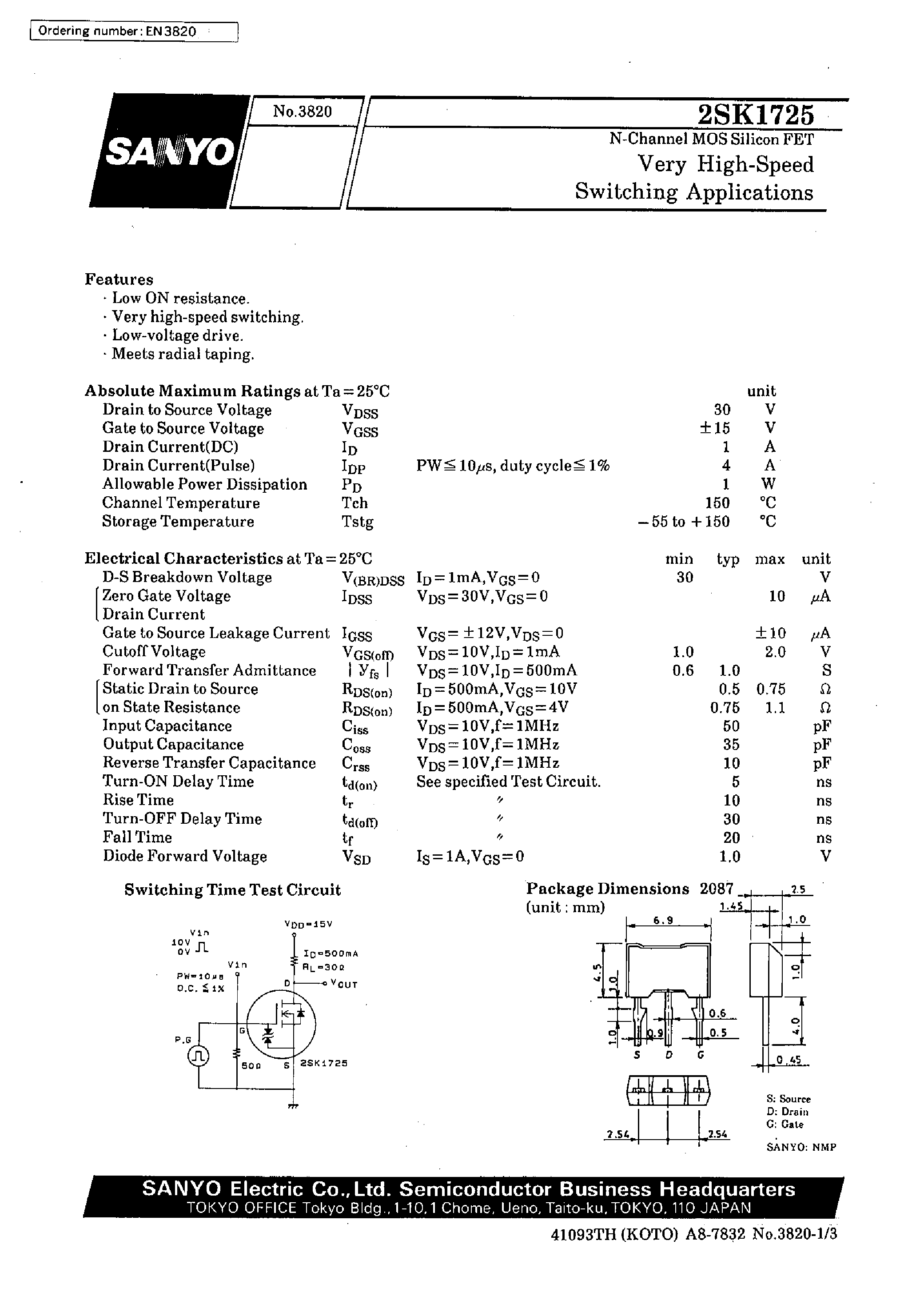 Datasheet 2SK1725 - Very High-Speed Switching Applications page 1