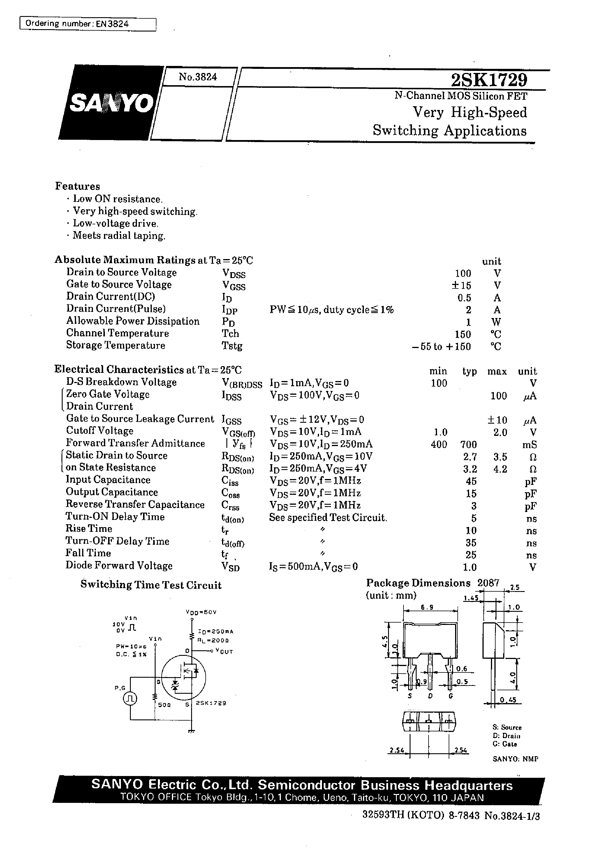 Datasheet 2SK1729 - Very High-Speed Switching Applications page 1