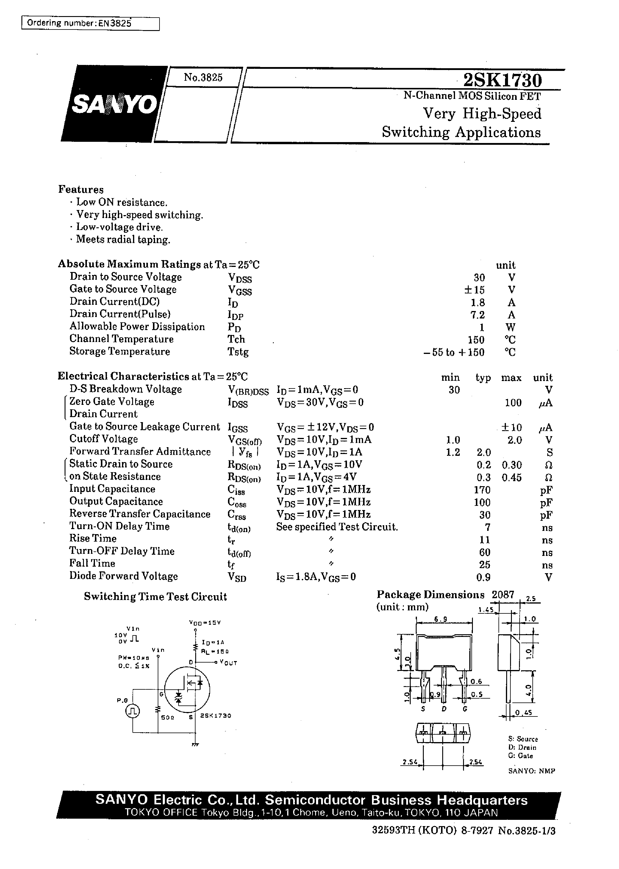 Datasheet 2SK1730 - Very High-Speed Switching Applications page 1