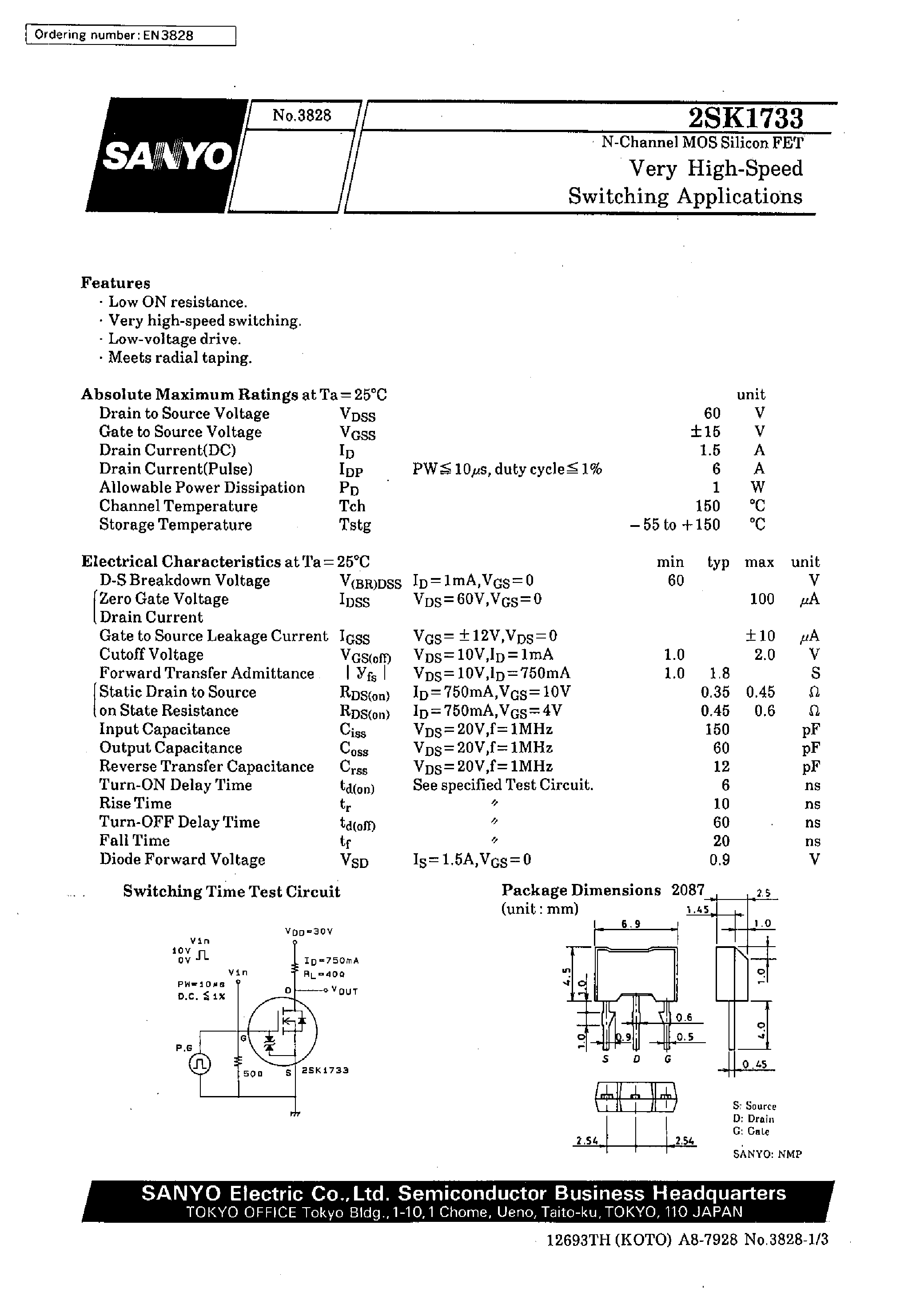 Datasheet 2SK1733 - Very High-Speed Switching Applications page 1