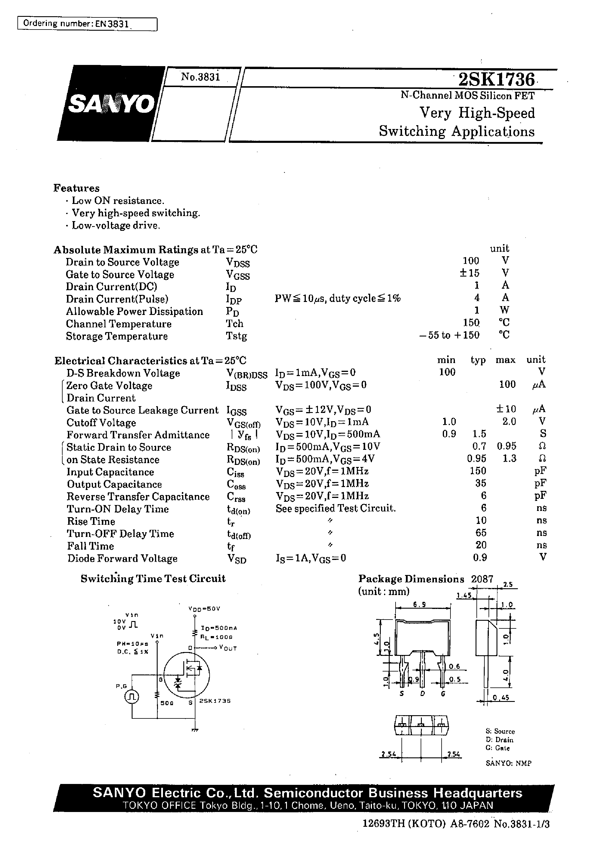 Datasheet 2SK1736 - Very High-Speed Switching Applications page 1