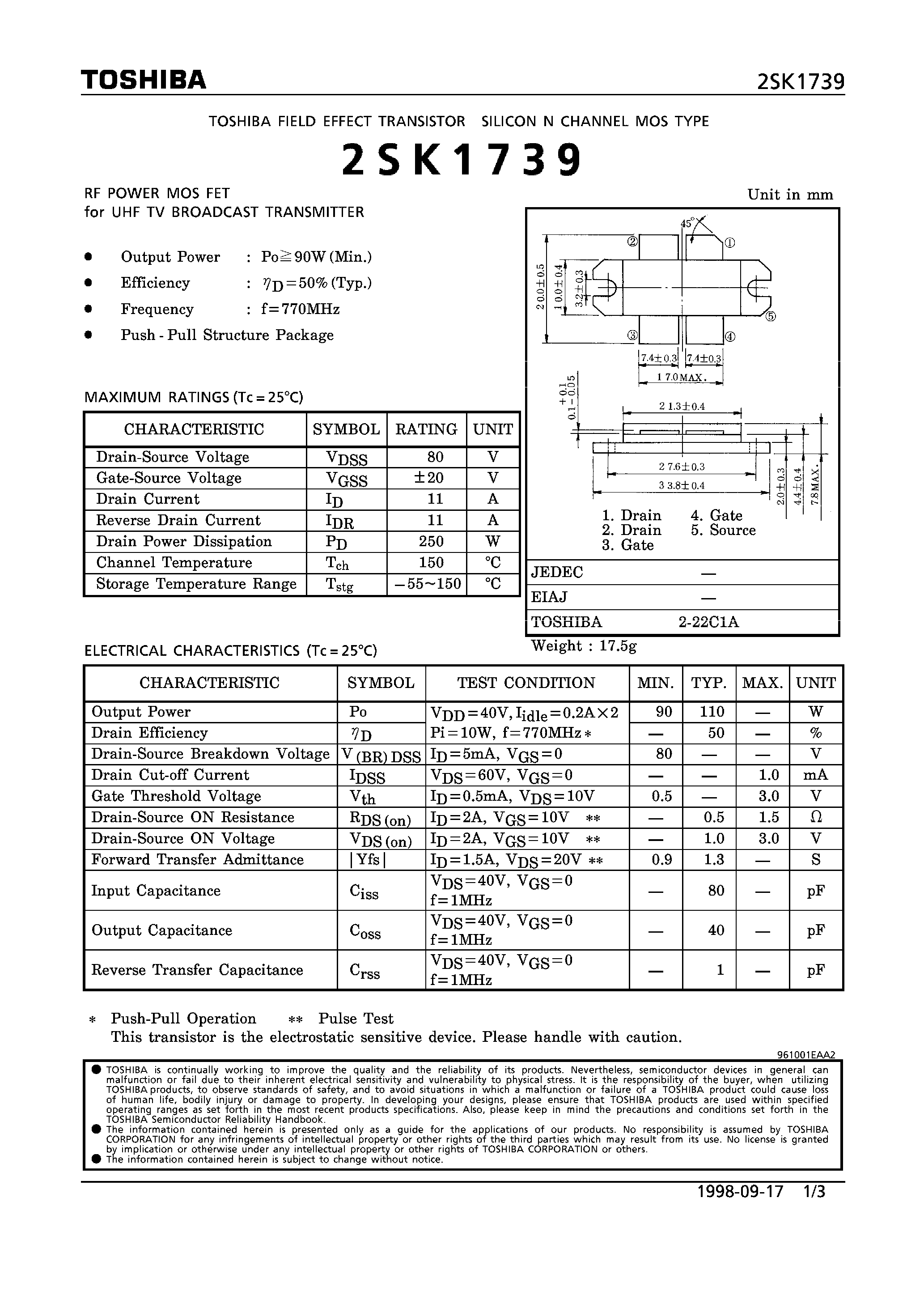 Datasheet 2SK1739 - N CHANNEL MOS TYPE (RF POWER MOS FET for UHF TV BROADCAST TRANSMITTER) page 1