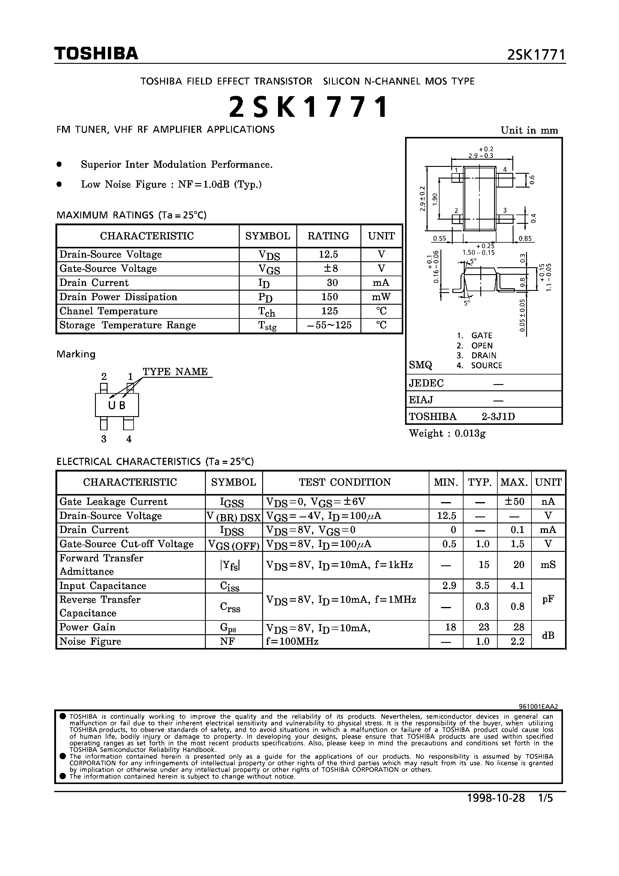 Datasheet 2SK1771 - N-CHANNEL MOS TYPE (FM TUNER/ VHF RF AMPLIFIER APPLICATIONS) page 1