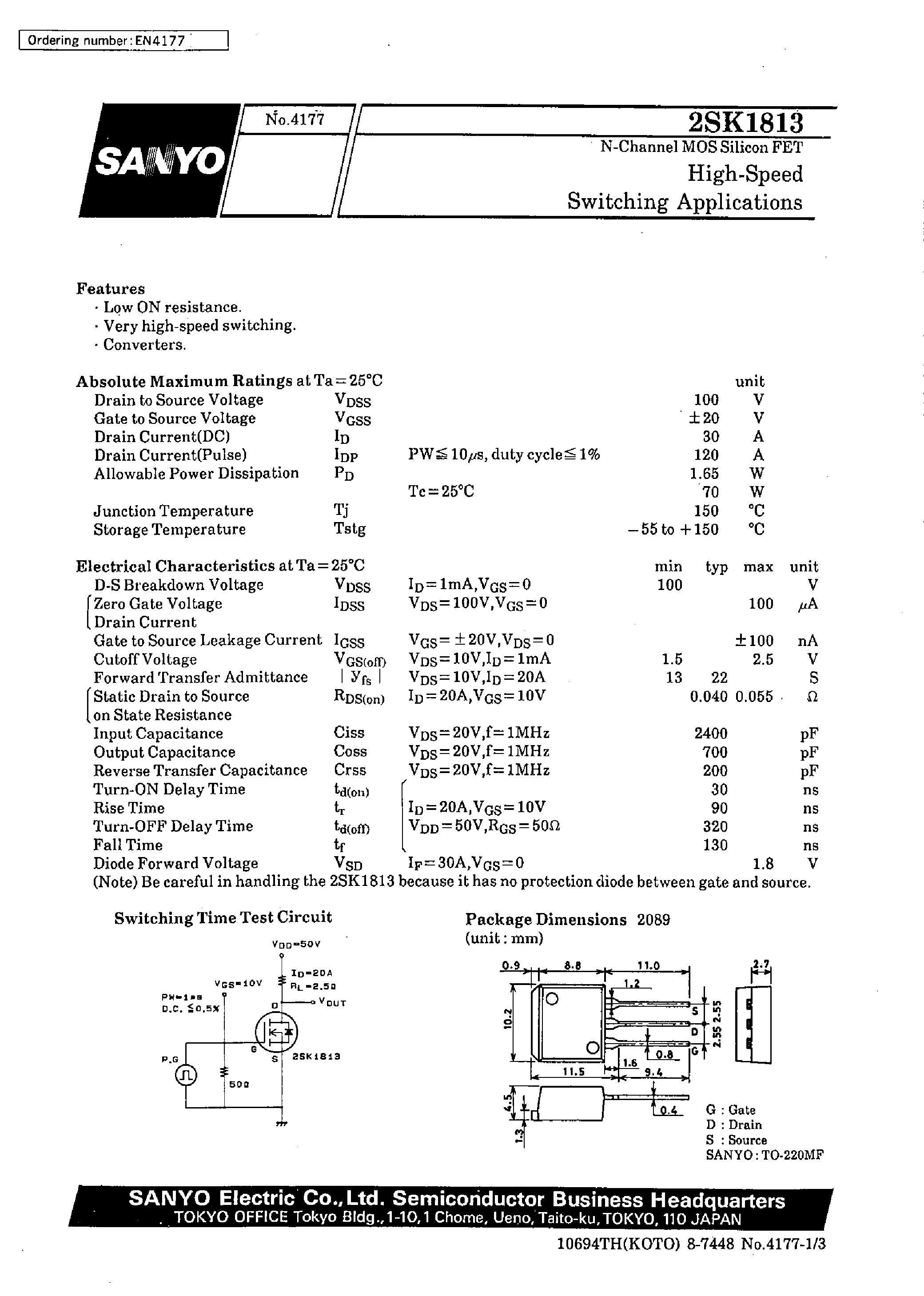 Datasheet 2SK1813 - High-Speed Switching Applications page 1