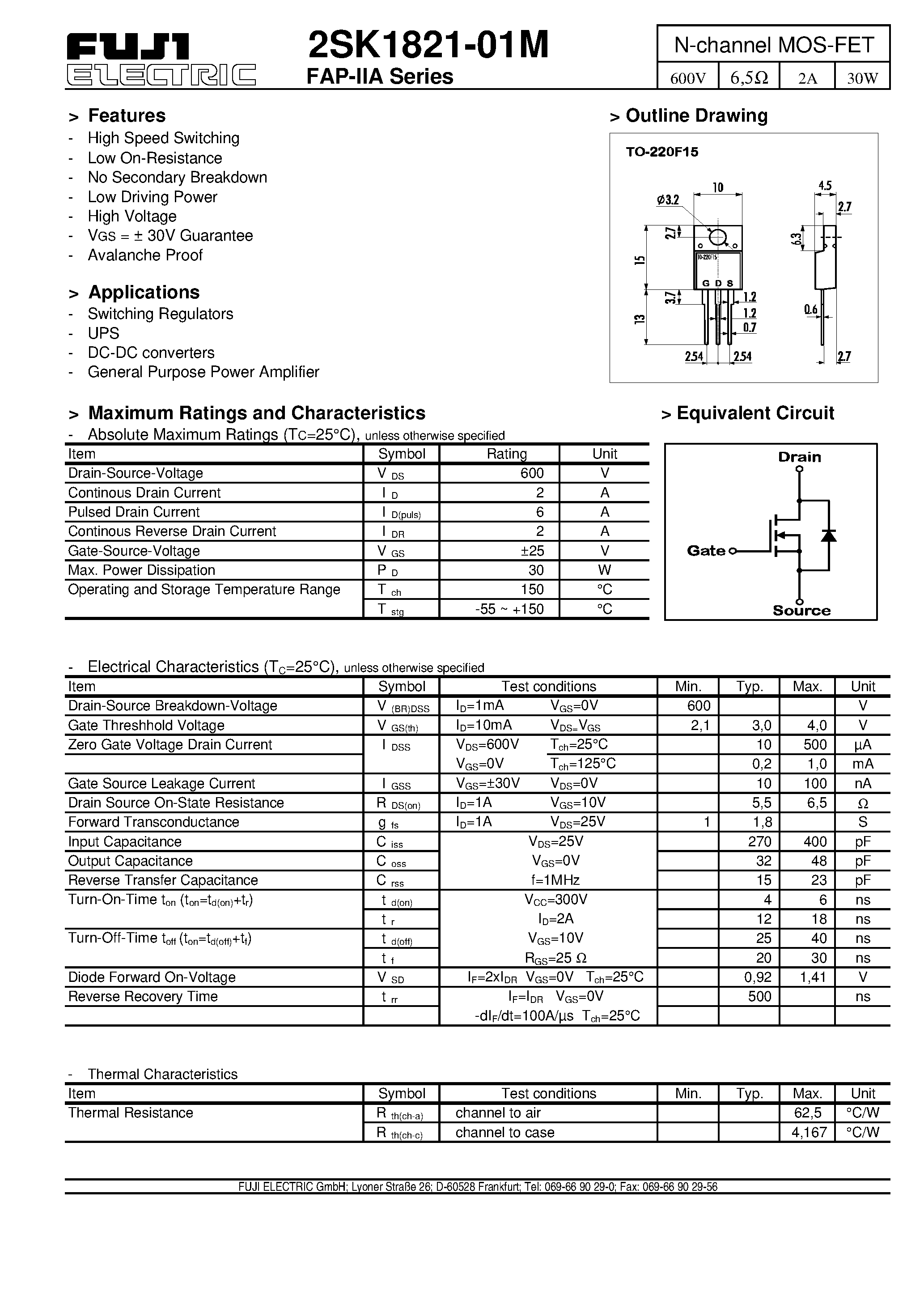 Datasheet 2SK1821-01M - N-channel MOS-FET page 1