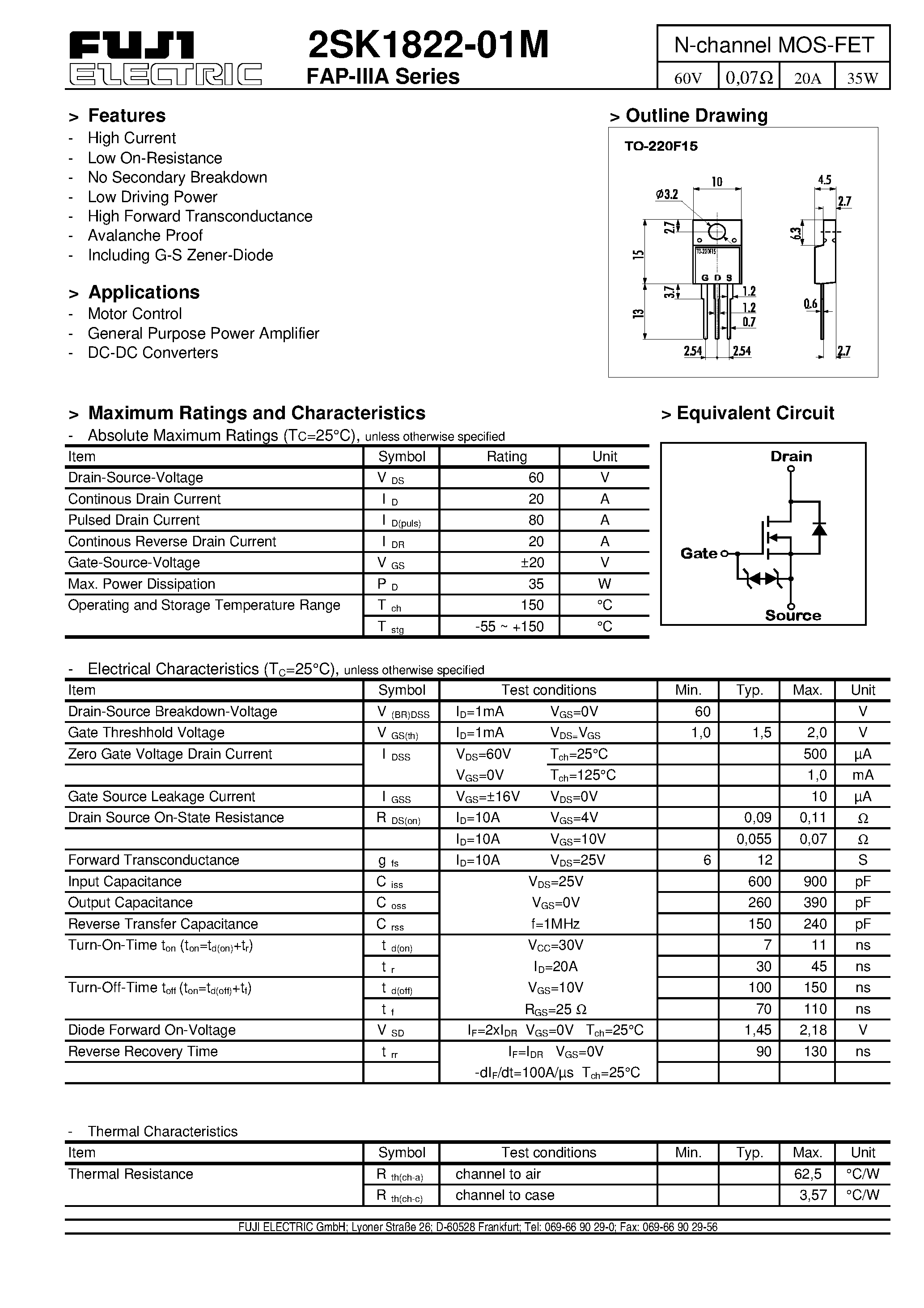 Datasheet 2SK1822-01M - N-channel MOS-FET page 1