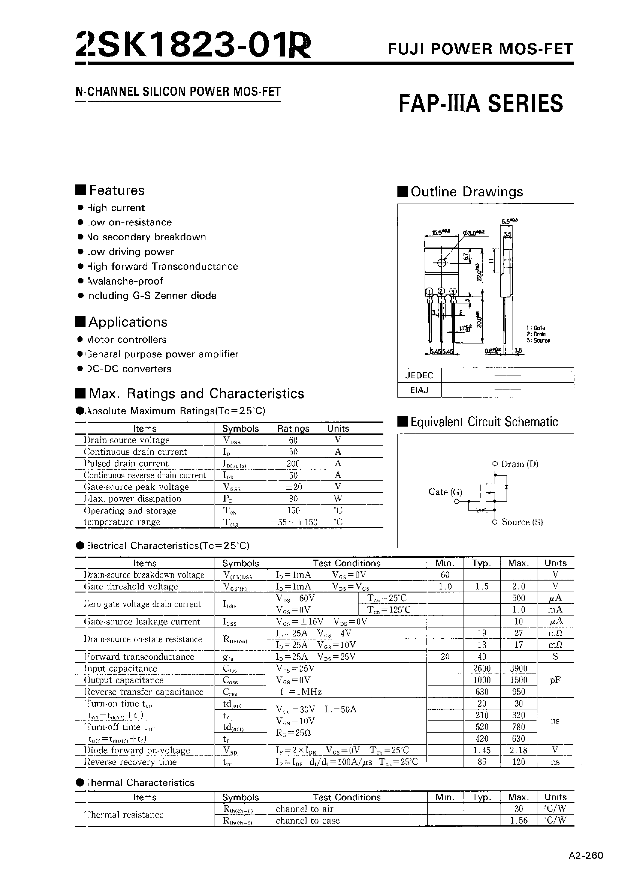 Даташит 2SK1823-01R - N-CHANNEL SILICON POWER MOSFET страница 1