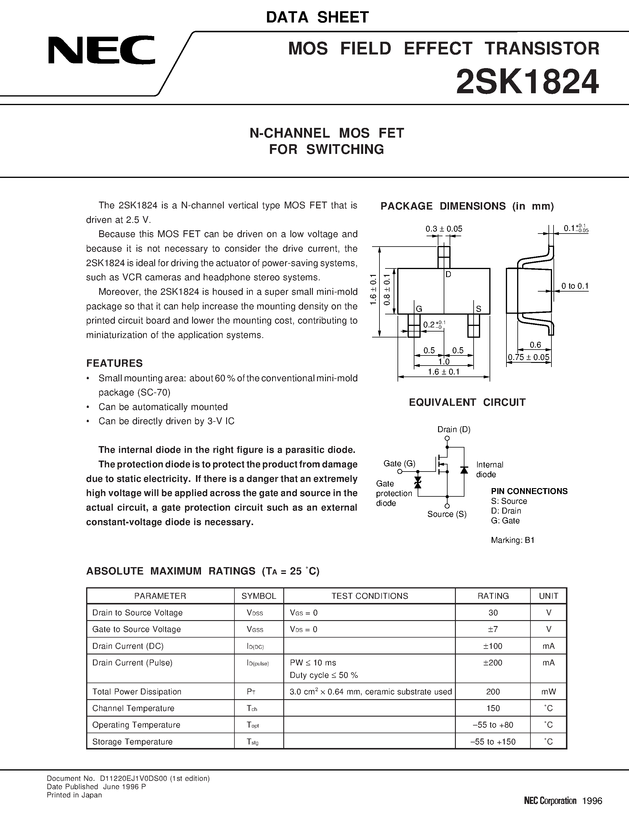 Datasheet 2SK1824 - N-CHANNEL MOS FET FOR SWITCHING page 1