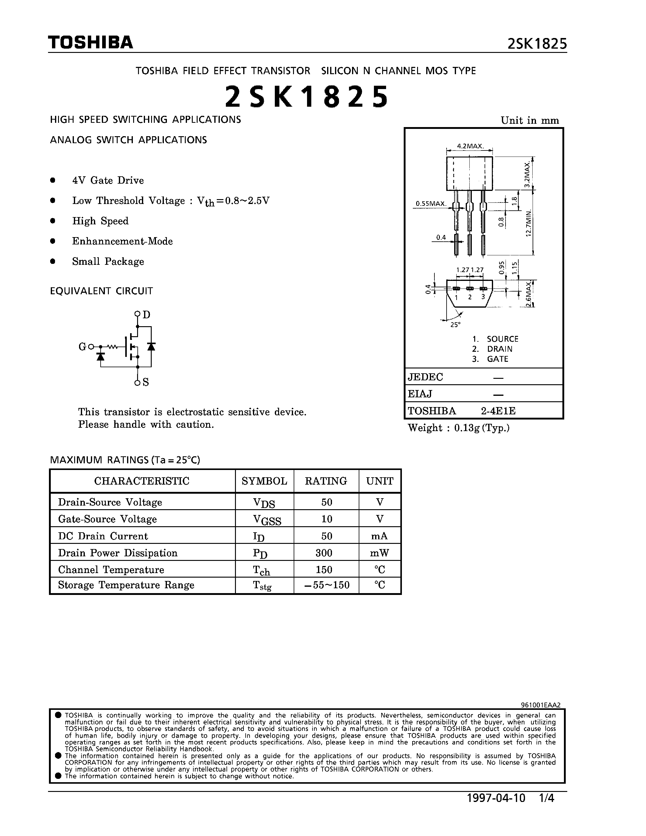 Datasheet 2SK1825 - N CHANNEL MOS TYPE (HIGH SPEED SWITCHING/ ANALOG SWITCH APPLICATIONS) page 1