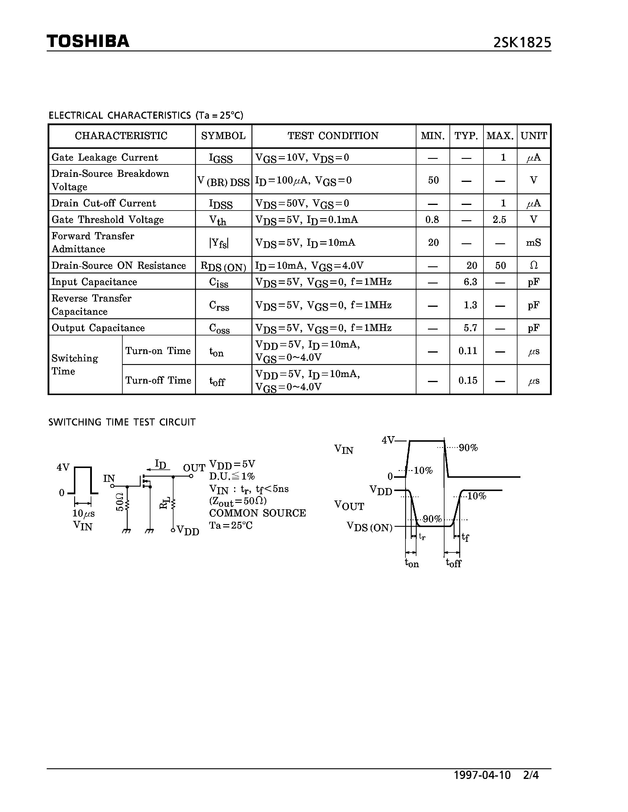 Datasheet 2SK1825 - N CHANNEL MOS TYPE (HIGH SPEED SWITCHING/ ANALOG SWITCH APPLICATIONS) page 2