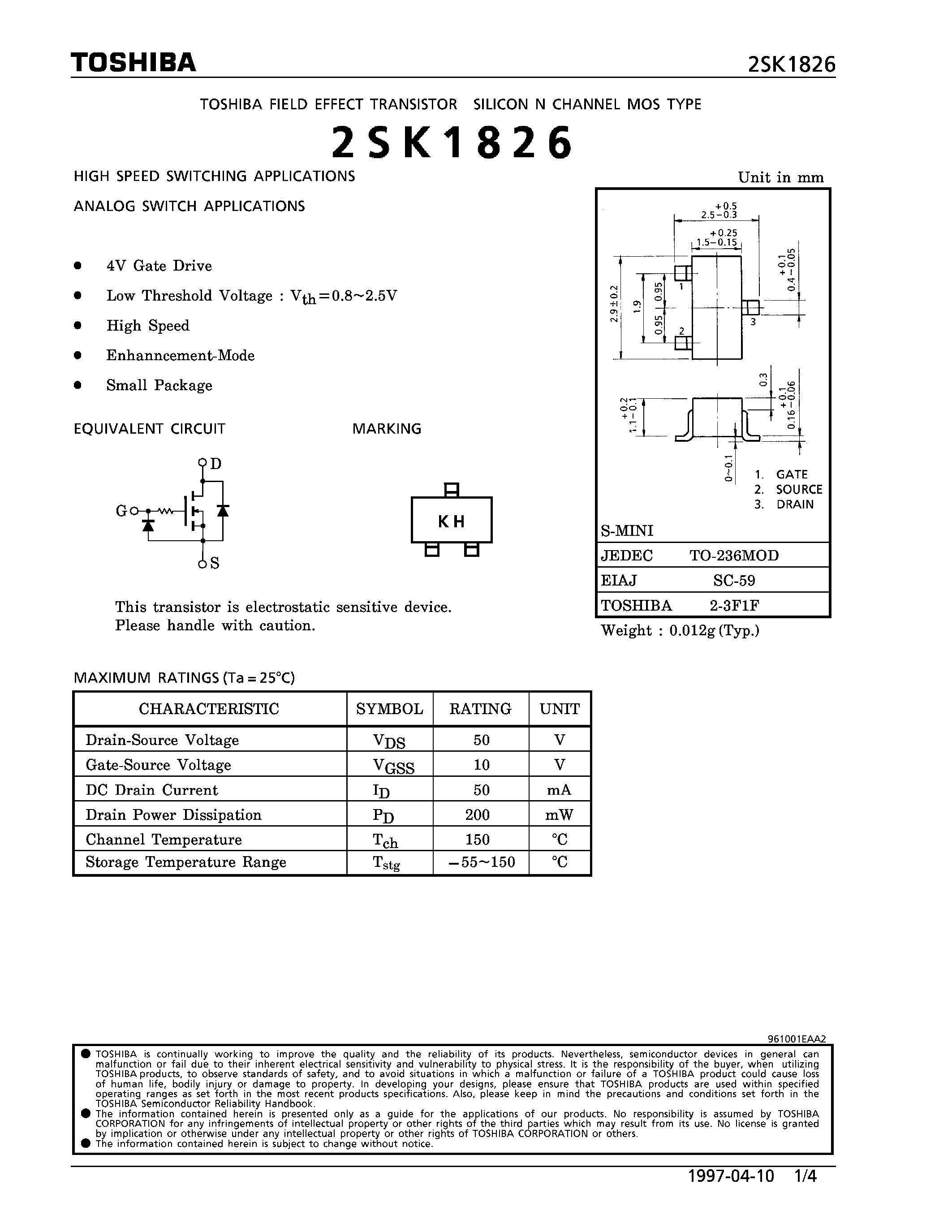 Datasheet 2SK1826 - N CHANNEL MOS TYPE (HIGH SPEED SWITCHING/ ANALOG SWITCH APPLICATIONS) page 1