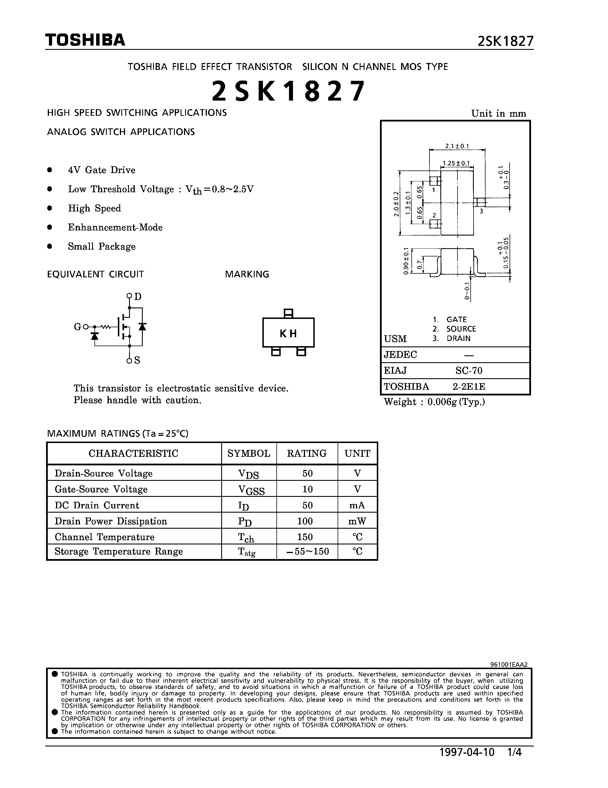 Datasheet 2SK1827 - N CHANNEL MOS TYPE (HIGH SPEED SWITCHING/ ANALOG SWITCH APPLICATIONS) page 1