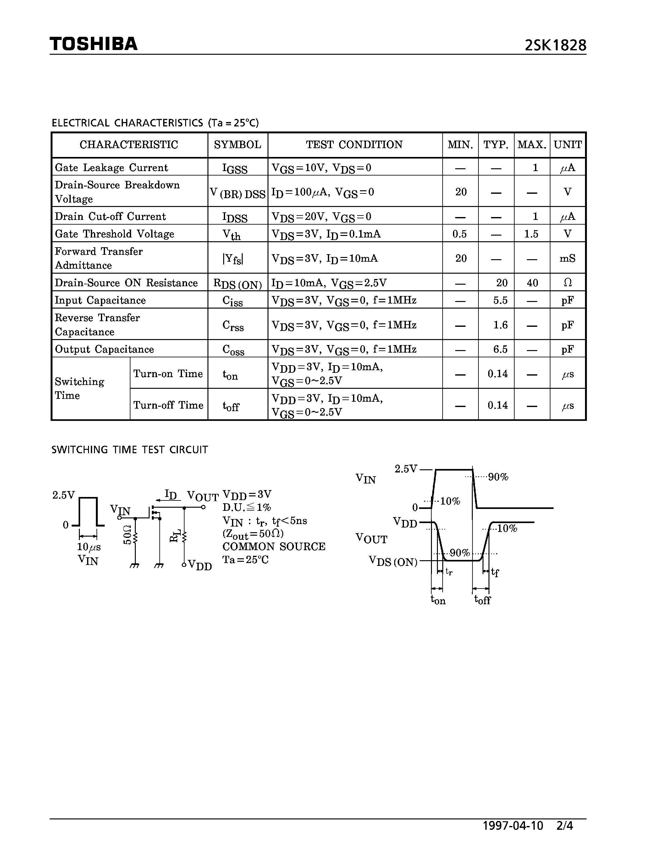 Datasheet 2SK1828 - N CHANNEL MOS TYPE (HIGH SPEED SWITCHING/ ANALOG SWITCH APPLICASTIONS) page 2