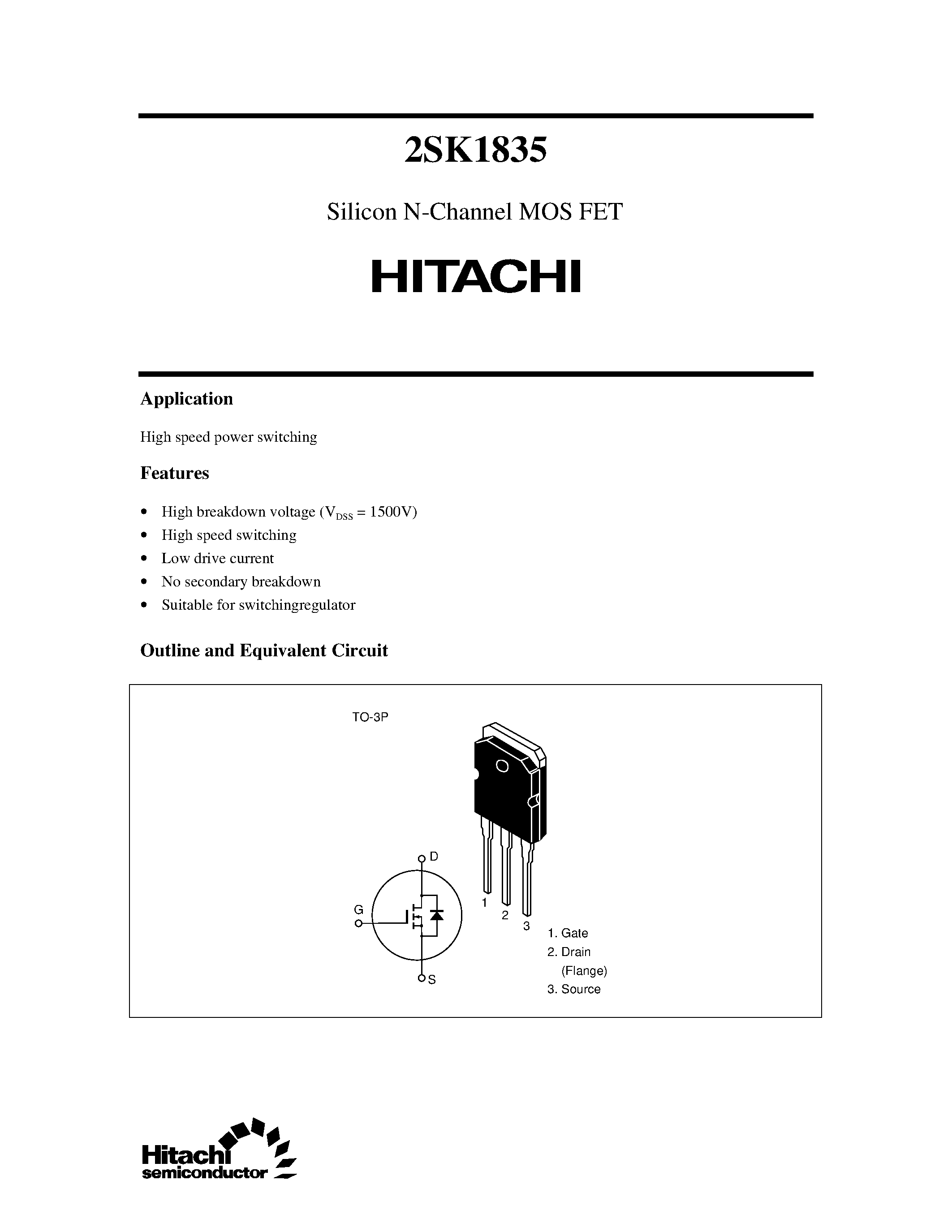 Datasheet 2SK1835 - Silicon N-Channel MOS FET page 1