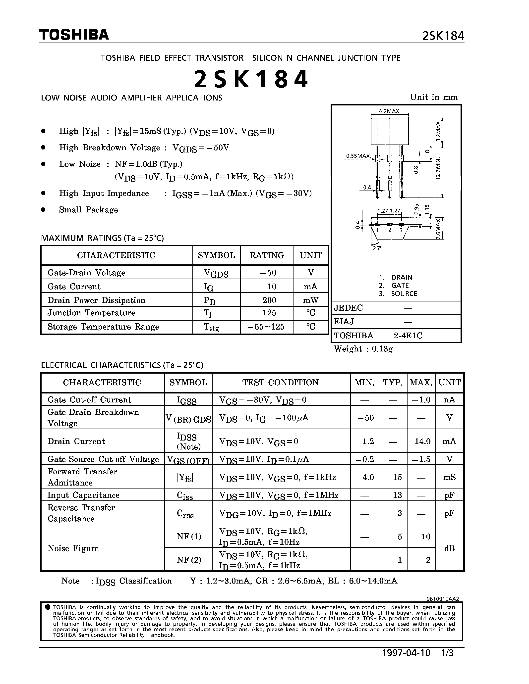 Datasheet 2SK184 - N CHANNEL JUNCTION TYPE (LOW NOISE AUDIO AMPLIFIER APPLICATIONS) page 1