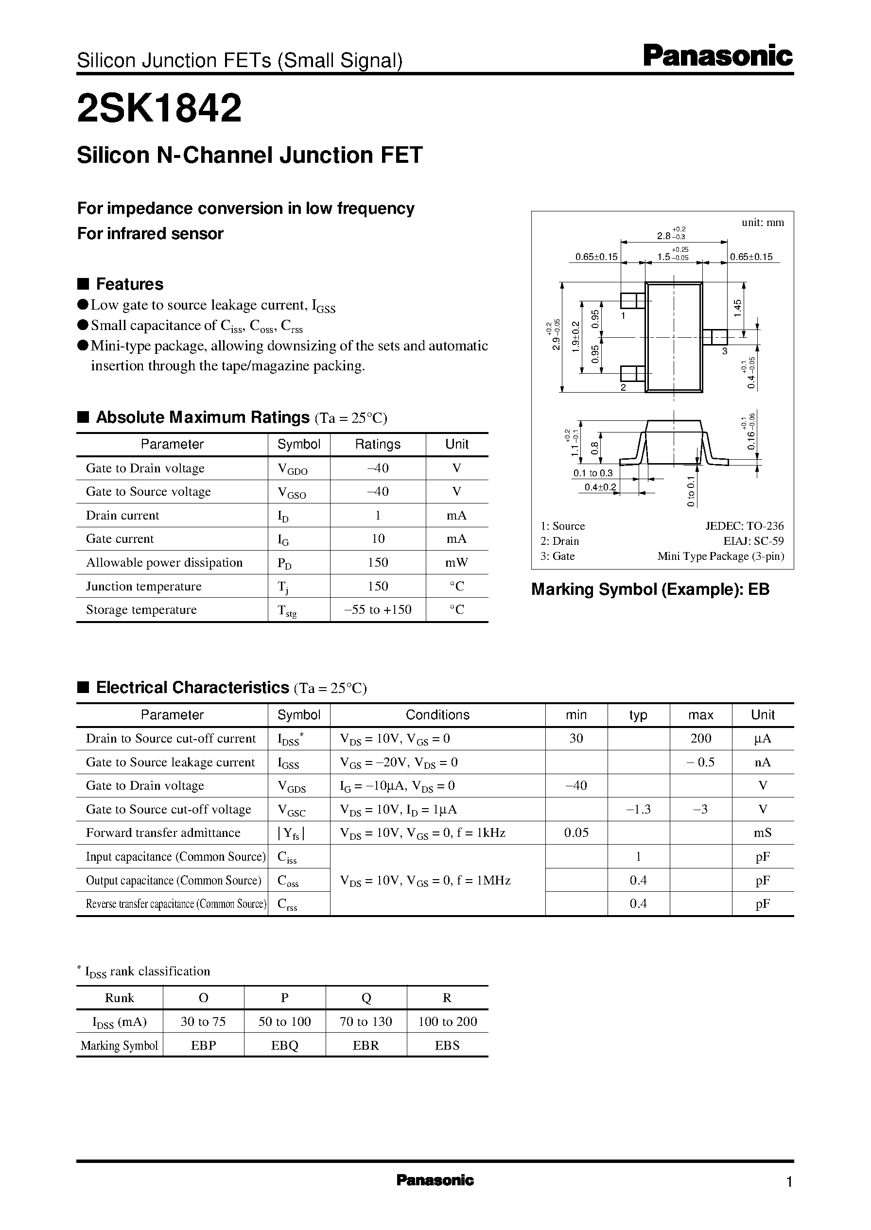 Datasheet 2SK1842 - Silicon N-Channel Junction FET page 1