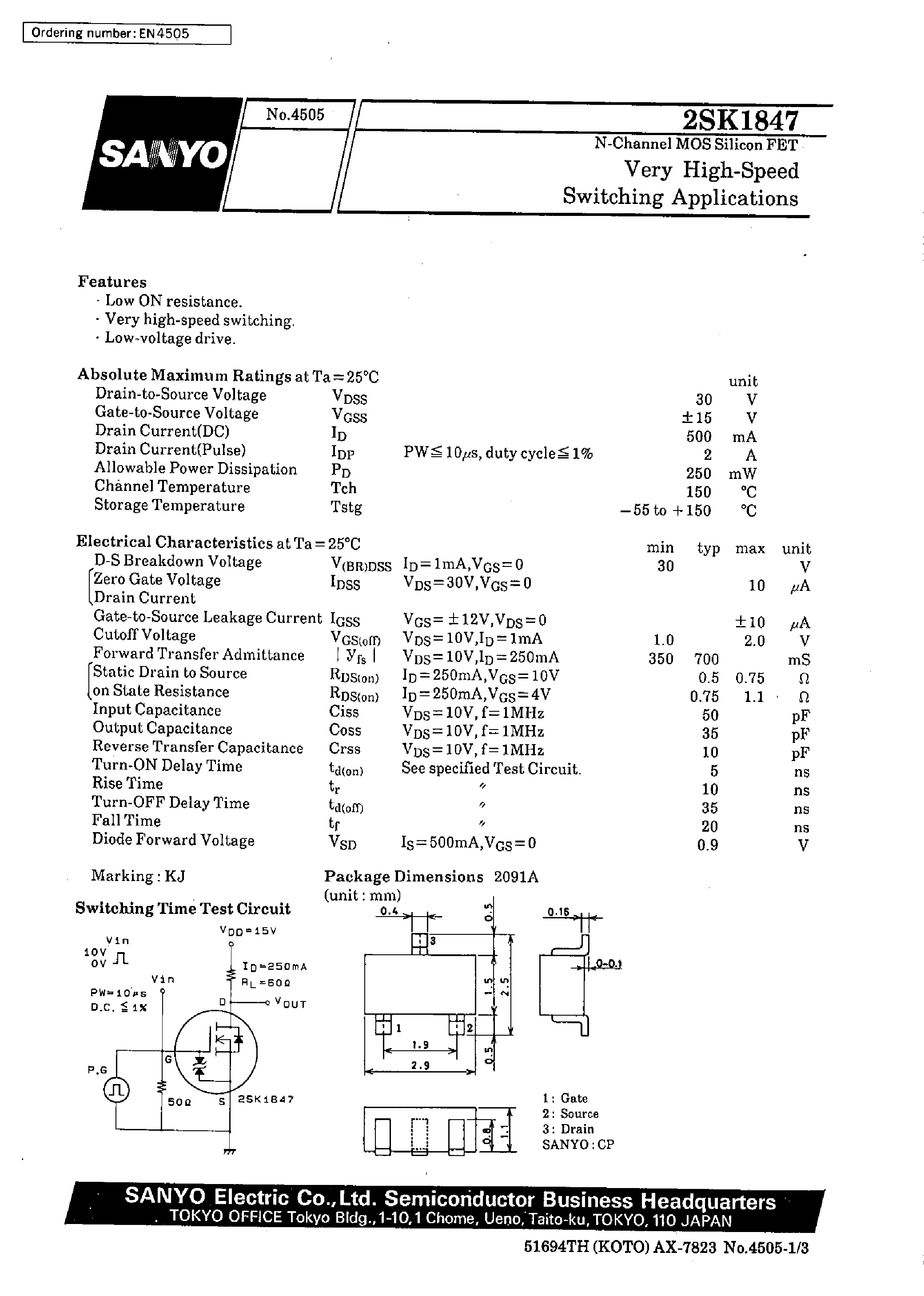 Datasheet 2SK1847 - Very High-Speed Switching Applications page 1