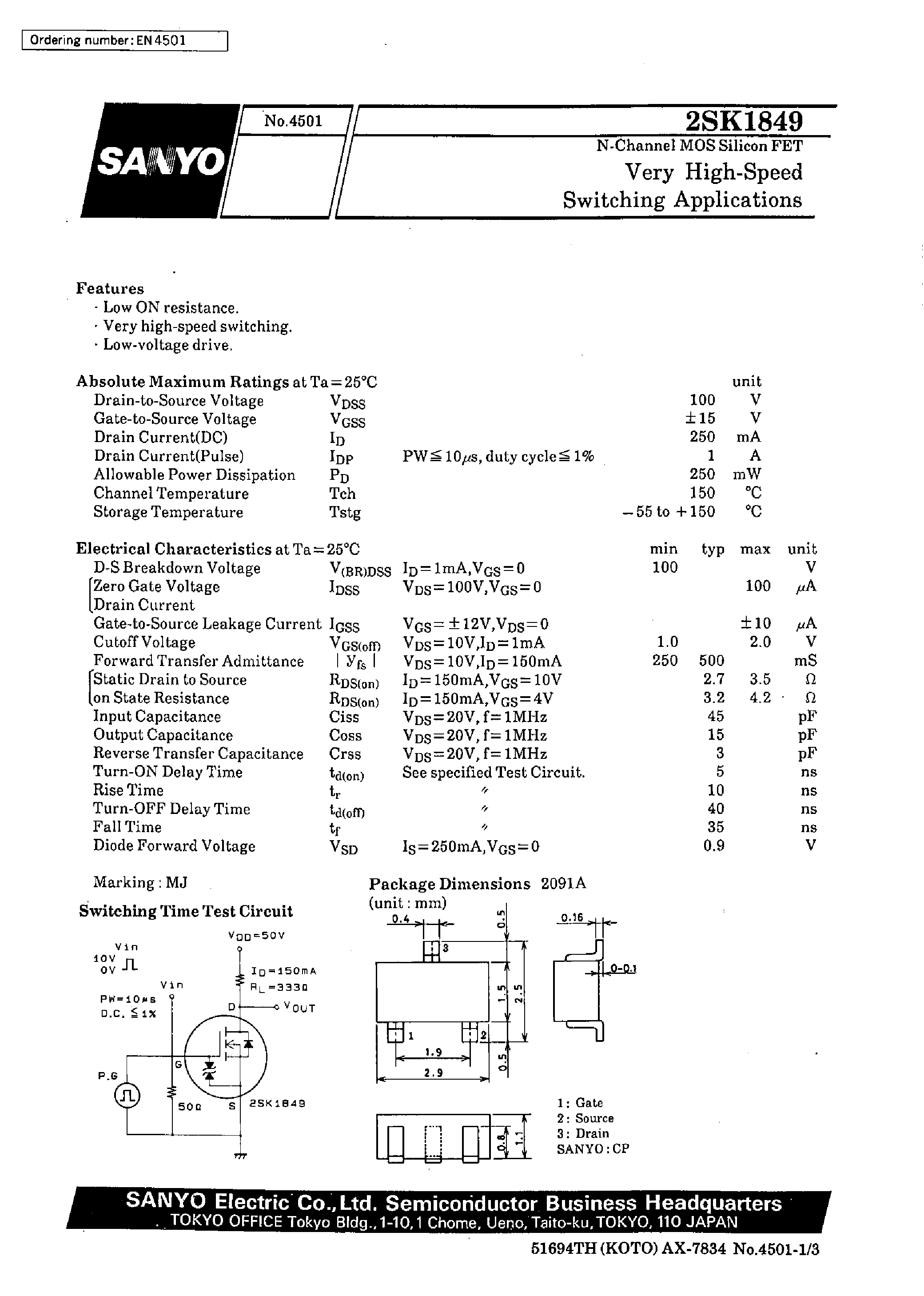 Datasheet 2SK1849 - Very High-Speed Switching Applications page 1