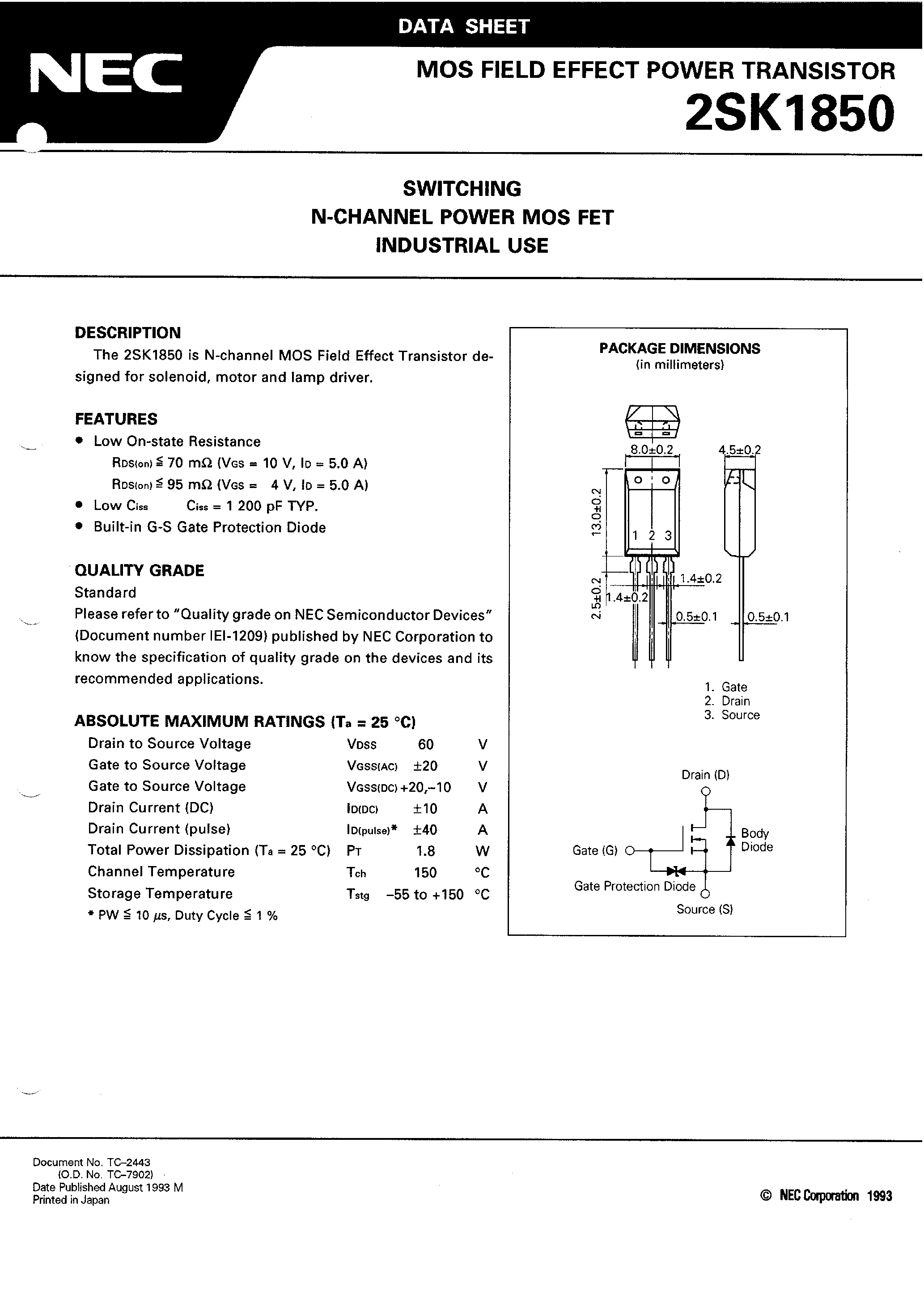 Datasheet 2SK1850 - SWITCHING N-CHANNEL POWER MOS FET INDUSTRIAL USE page 1