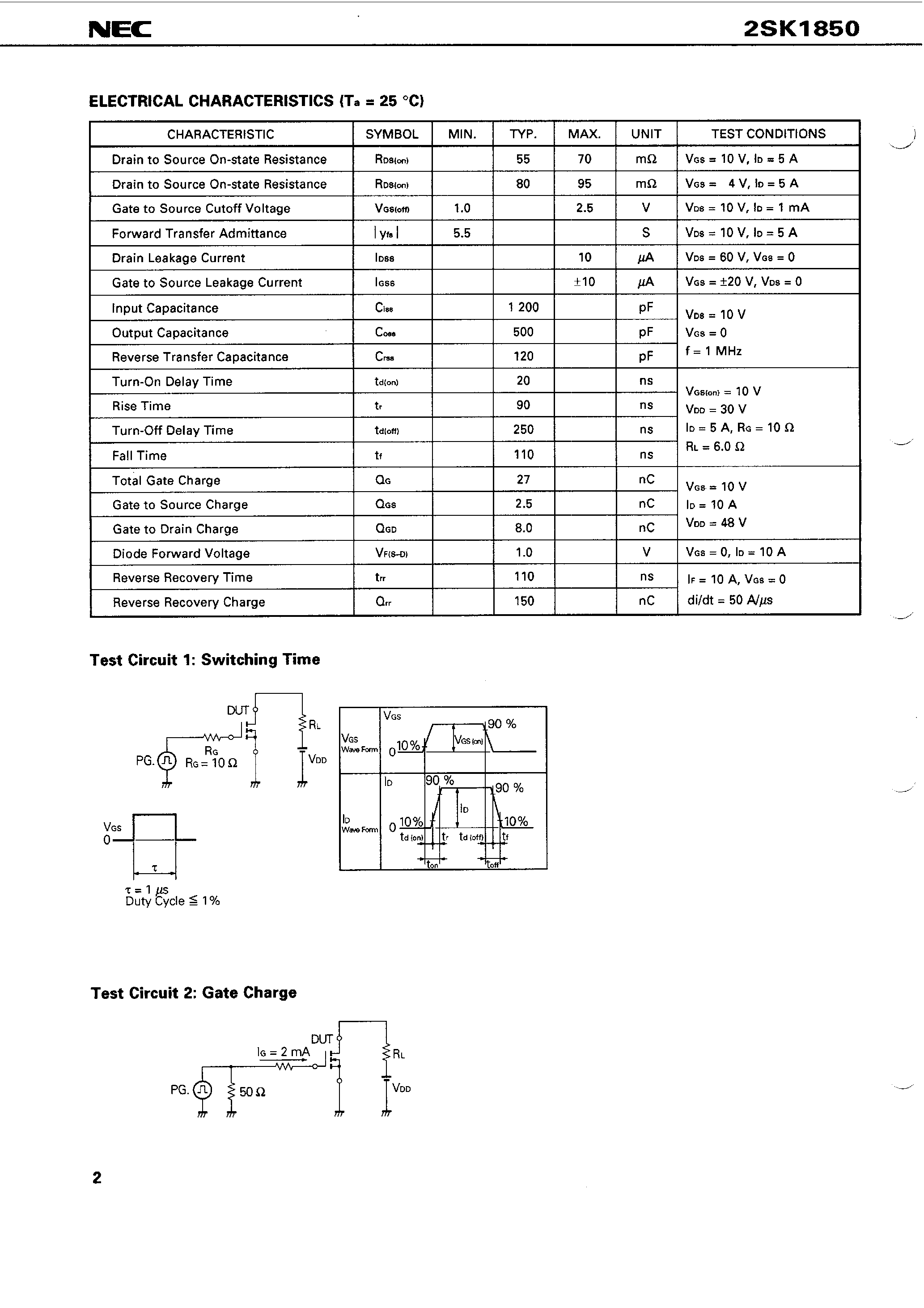 Datasheet 2SK1850 - SWITCHING N-CHANNEL POWER MOS FET INDUSTRIAL USE page 2