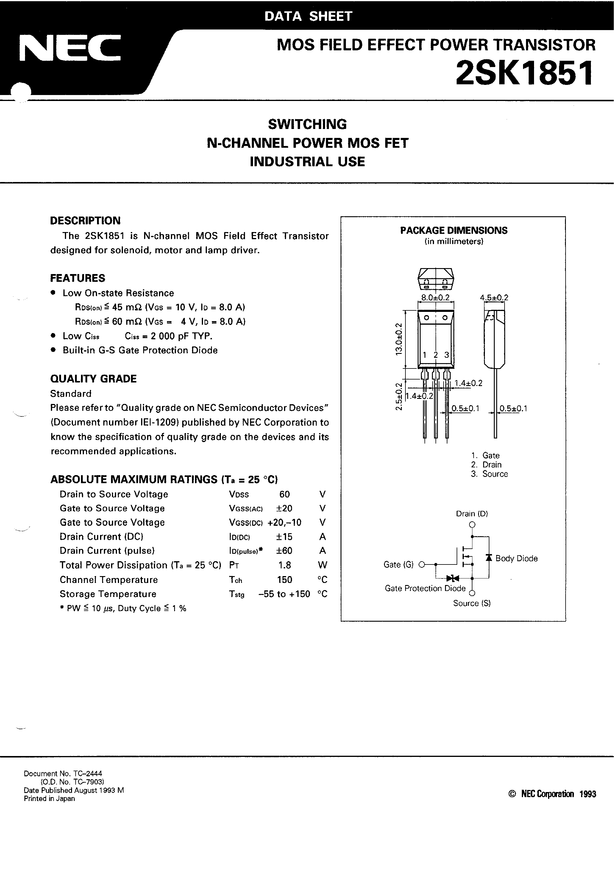 Datasheet 2SK1851 - SWITCHING N-CHANNEL POWER MOS FET INDUSTRIAL USE page 1