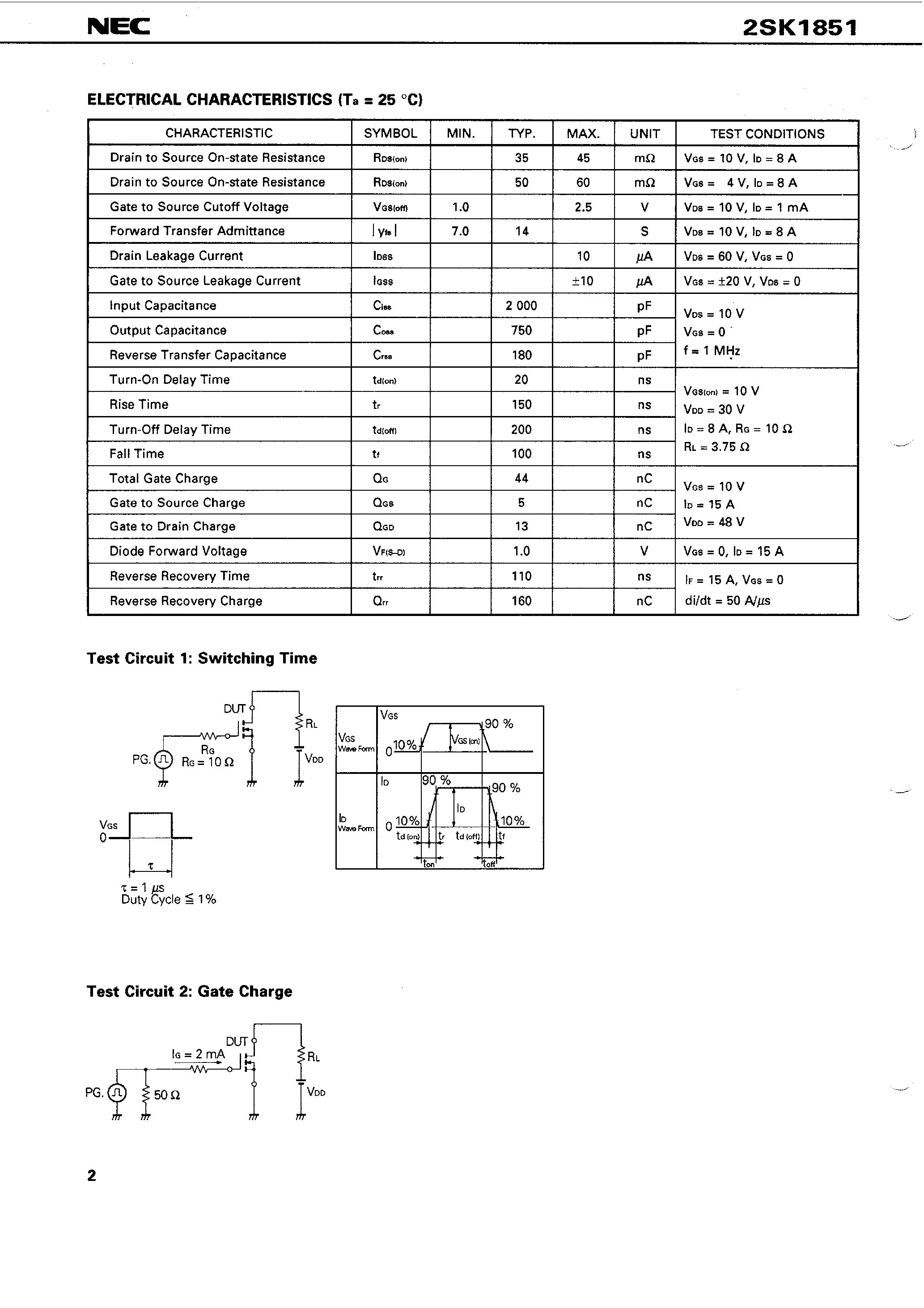 Datasheet 2SK1851 - SWITCHING N-CHANNEL POWER MOS FET INDUSTRIAL USE page 2