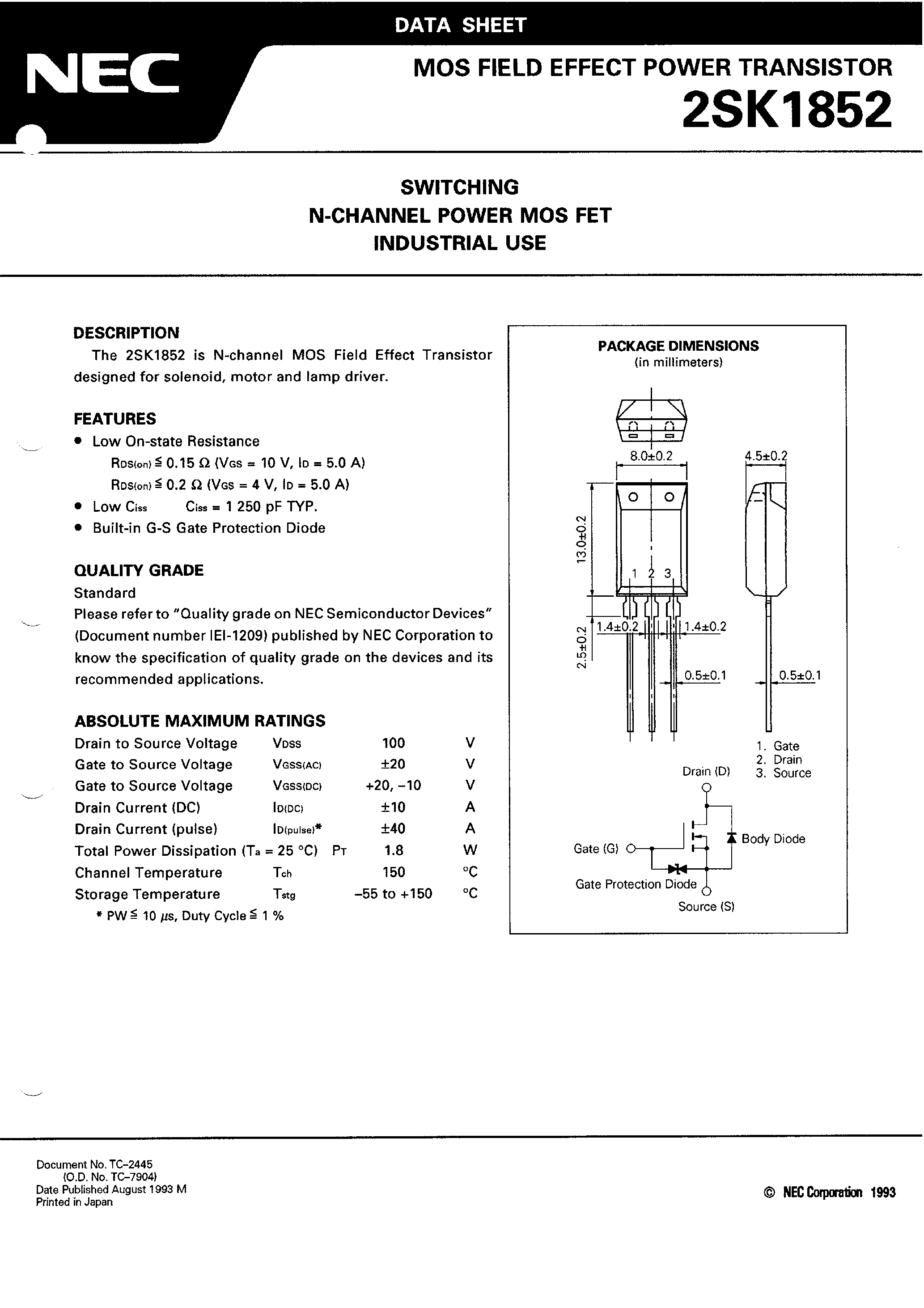 Datasheet 2SK1852 - SWITCHING N-CHANNEL POWER MOS FET INDUSTRIAL USE page 1