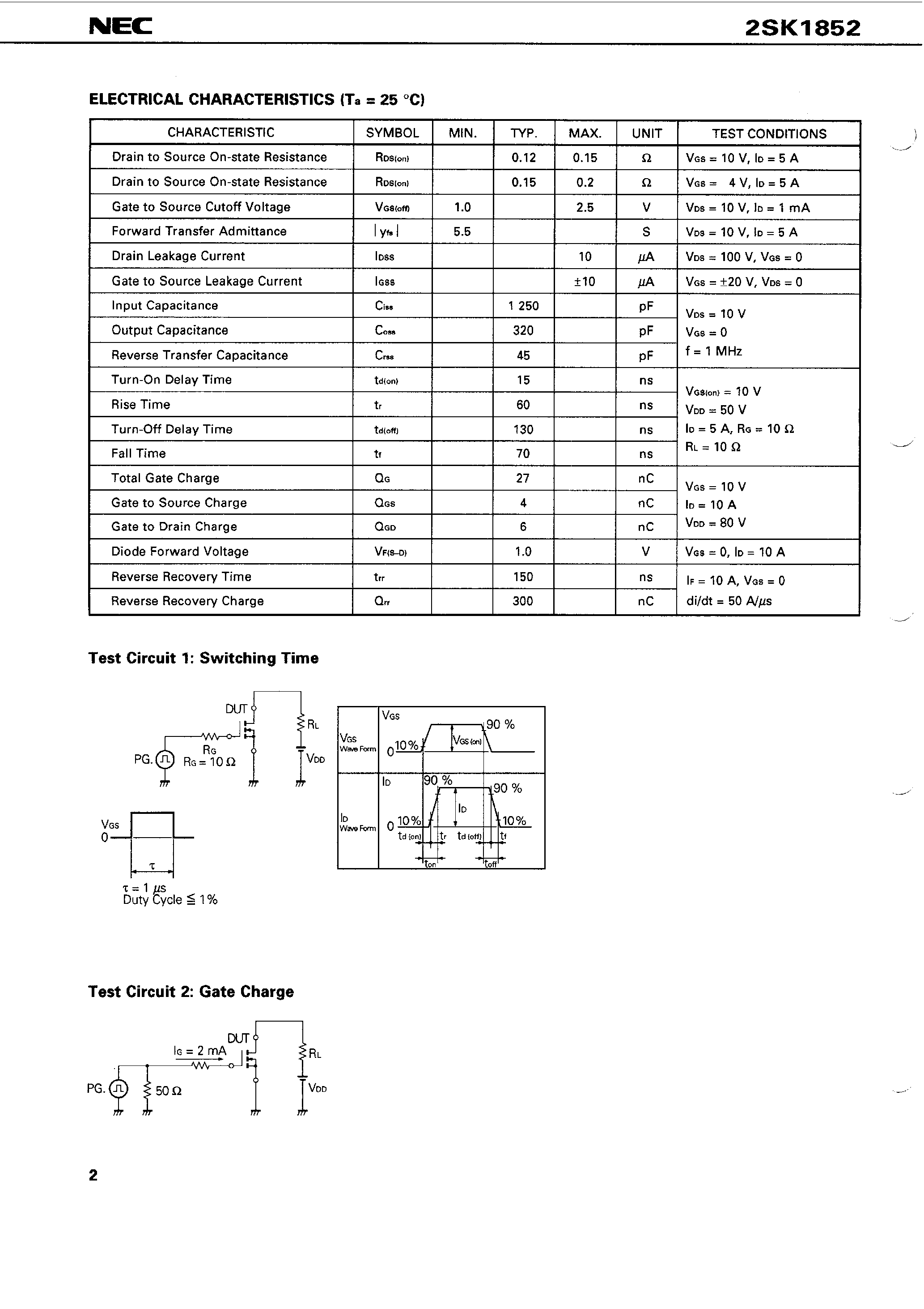 Datasheet 2SK1852 - SWITCHING N-CHANNEL POWER MOS FET INDUSTRIAL USE page 2