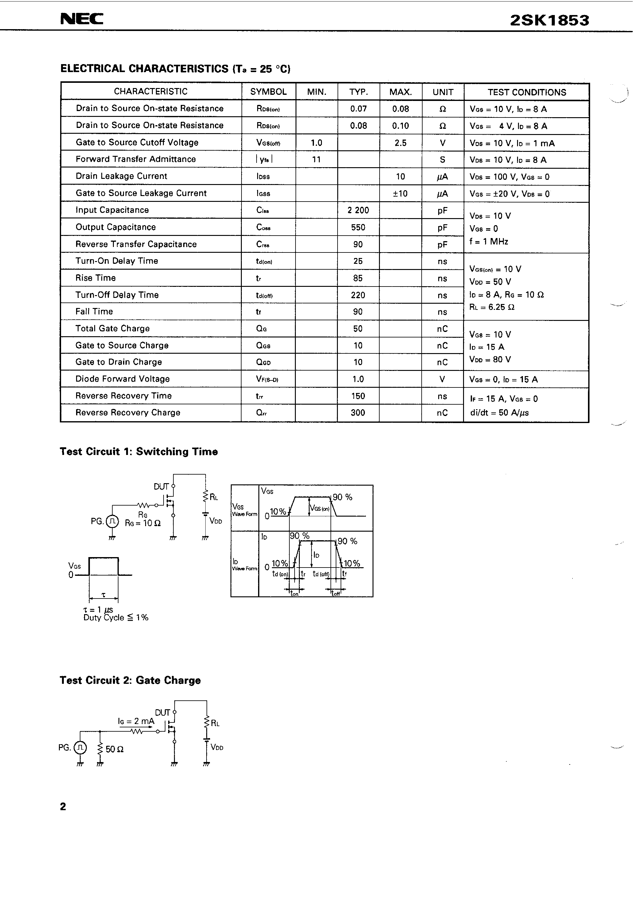 Datasheet 2SK1853 - SWITCHING N-CHANNEL POWER MOS FET INDUSTRIAL USE page 2